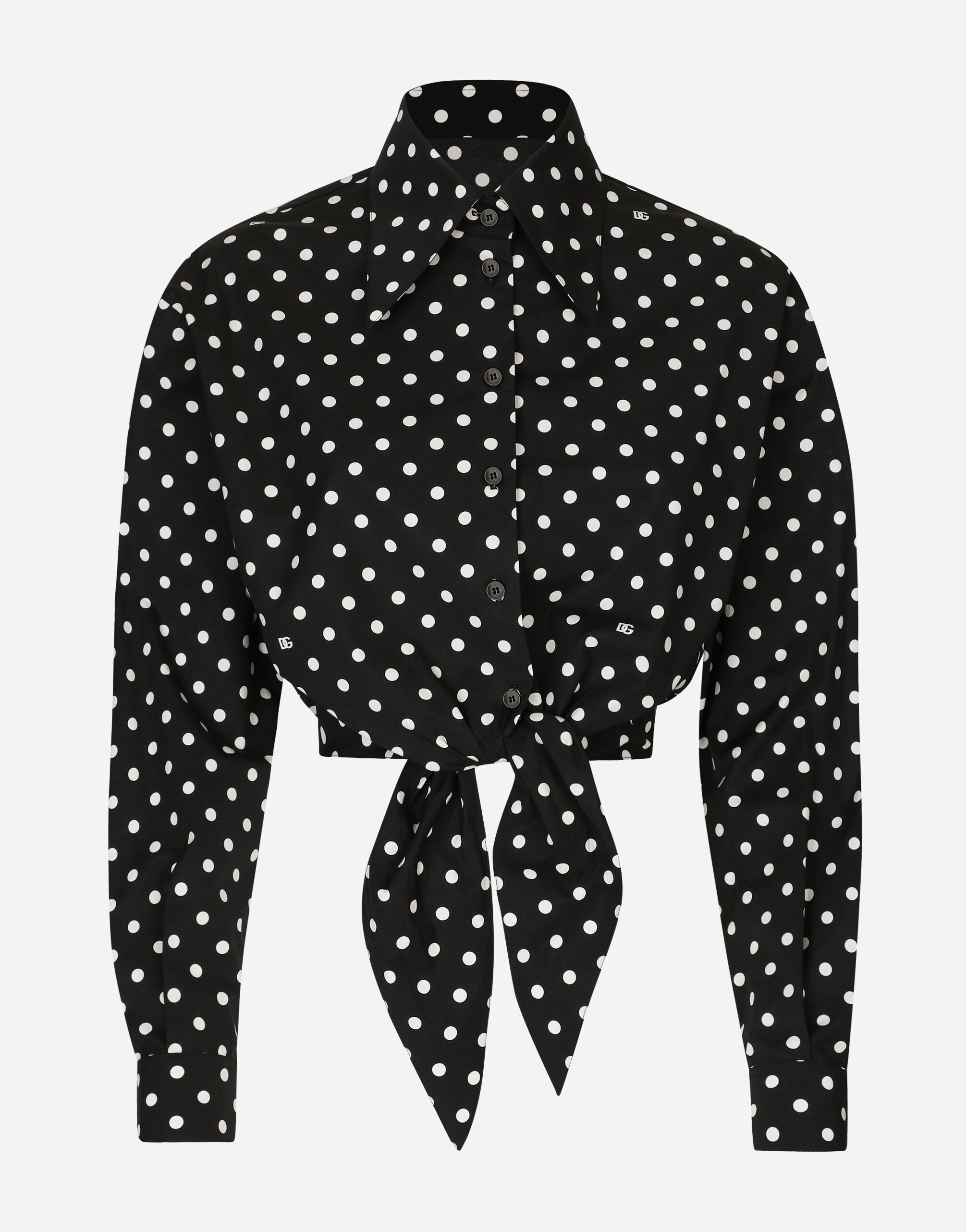 Cropped cotton poplin shirt with knot detail and polka-dot print - 1