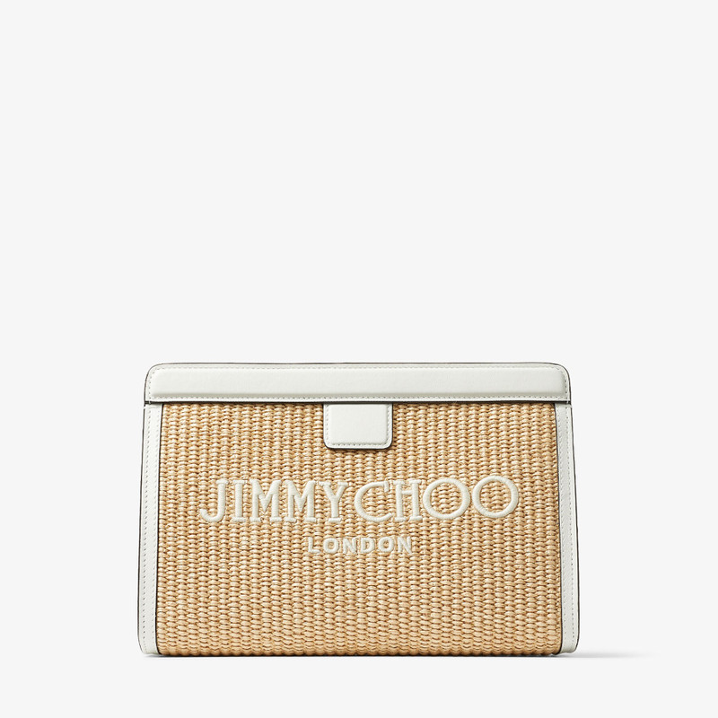 Avenue Pouch Natural/Latte Embroidered Raffia and Leather Pouch - 1