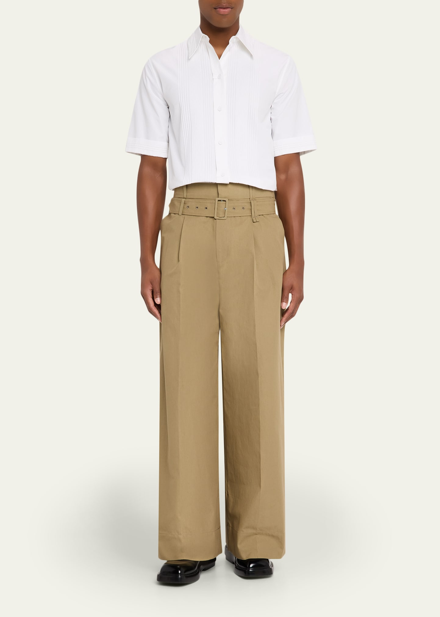 Men's Olive Belted Cotton Wide-Leg Pants - 2