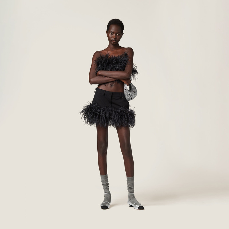 Miu Miu Feather-trimmed grain de poudre miniskirt outlook