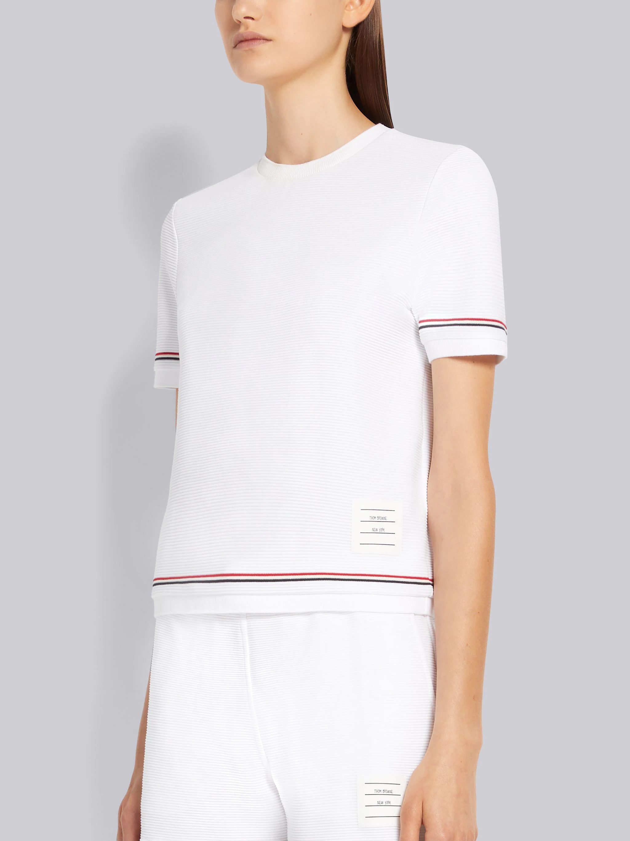 White Ottoman Rib Stripe Hem Short Sleeve Sweatshirt - 2