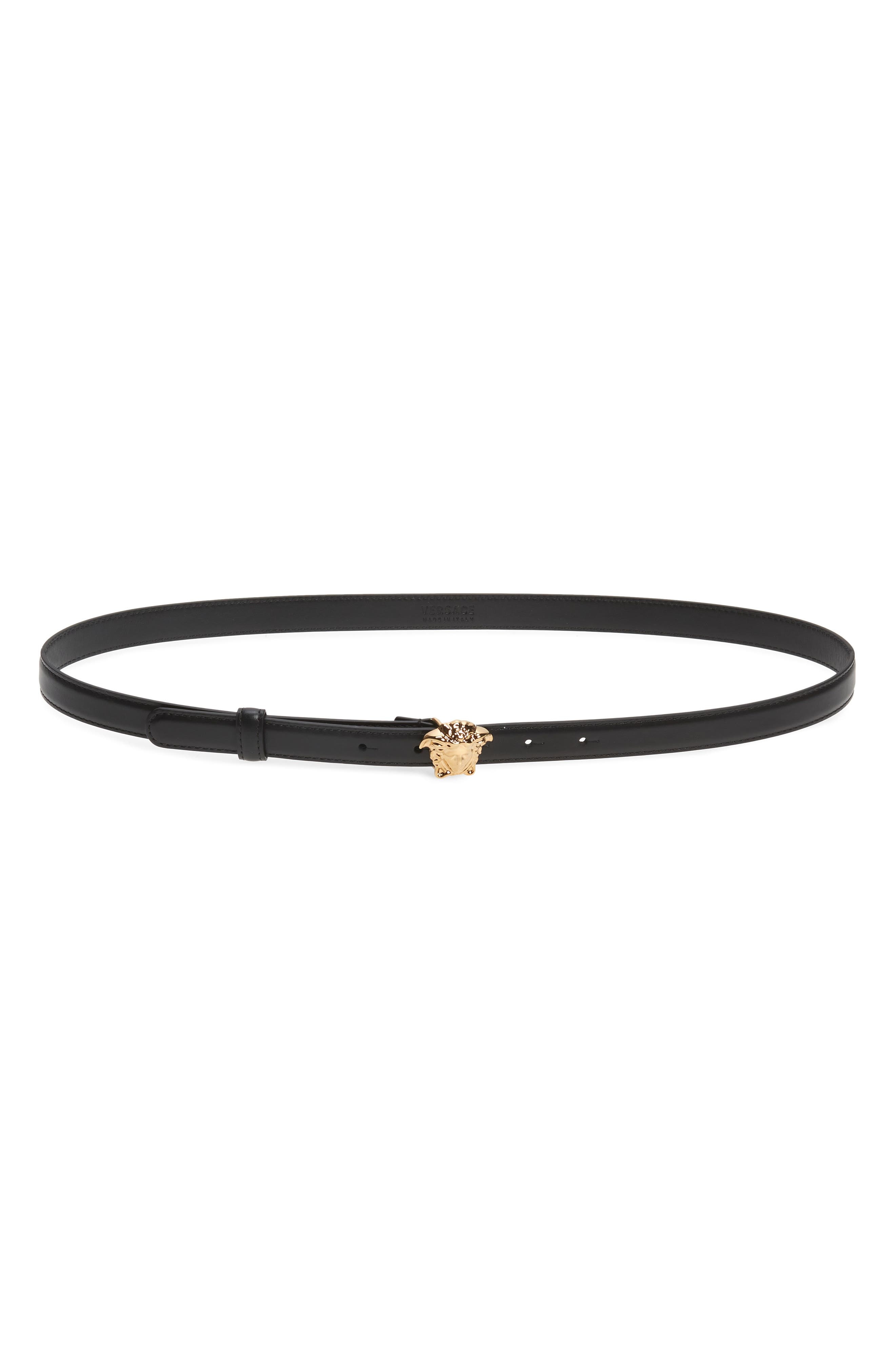 Versace Medusa Leather Skinny Belt in Black/Gold at Nordstrom - 1