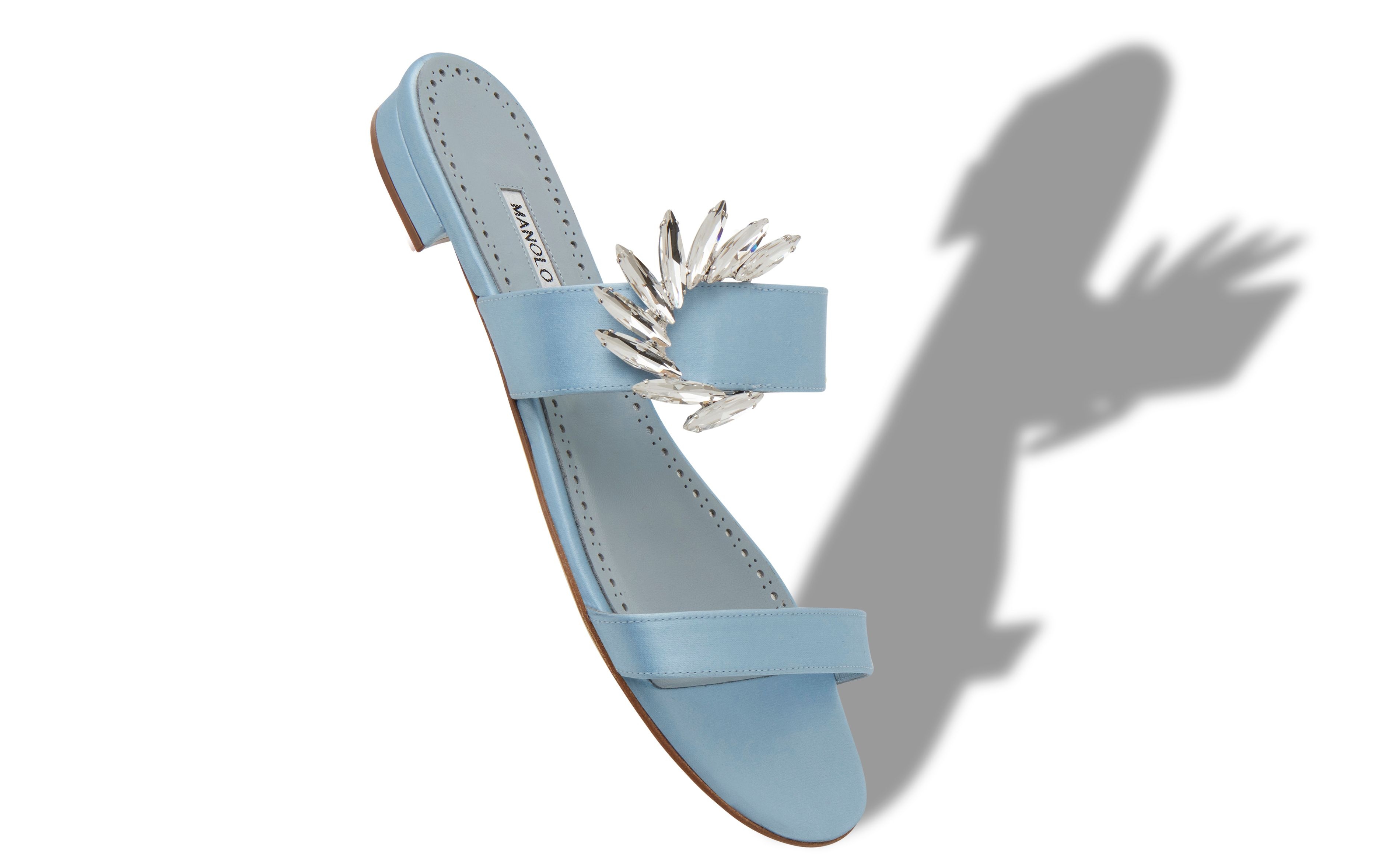 Light Blue Satin Embellished Flat Mules - 2