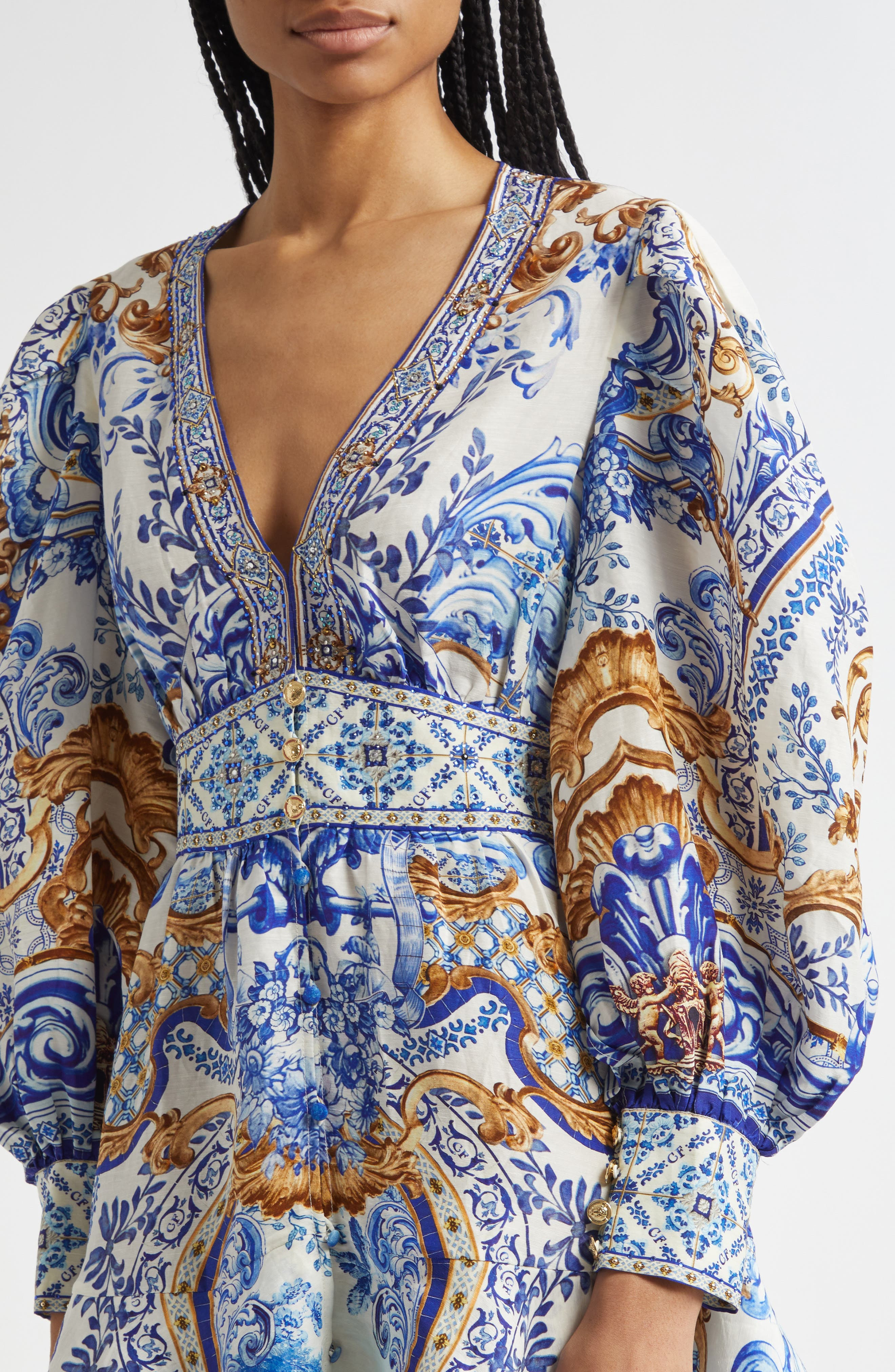 Camilla Button Front Frill Long Sleeve Linen & Silk Minidress in Azul Adventures at Nordstrom - 4