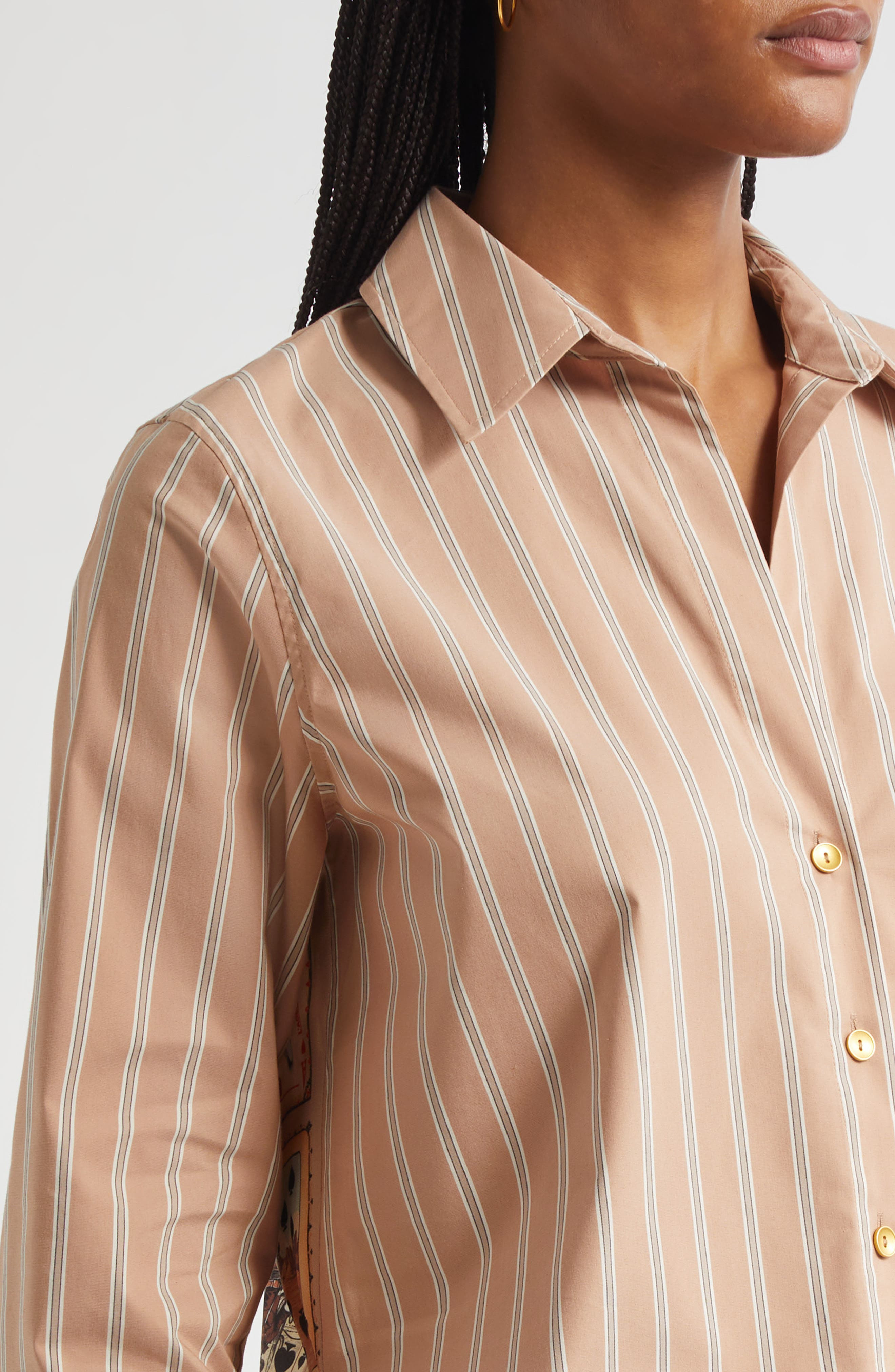 L'AGENCE Fawn Stripe Stretch Organic Cotton Blend Button-Up Shirt in Fwn Strpe/tan Mlt Western Card  - 4