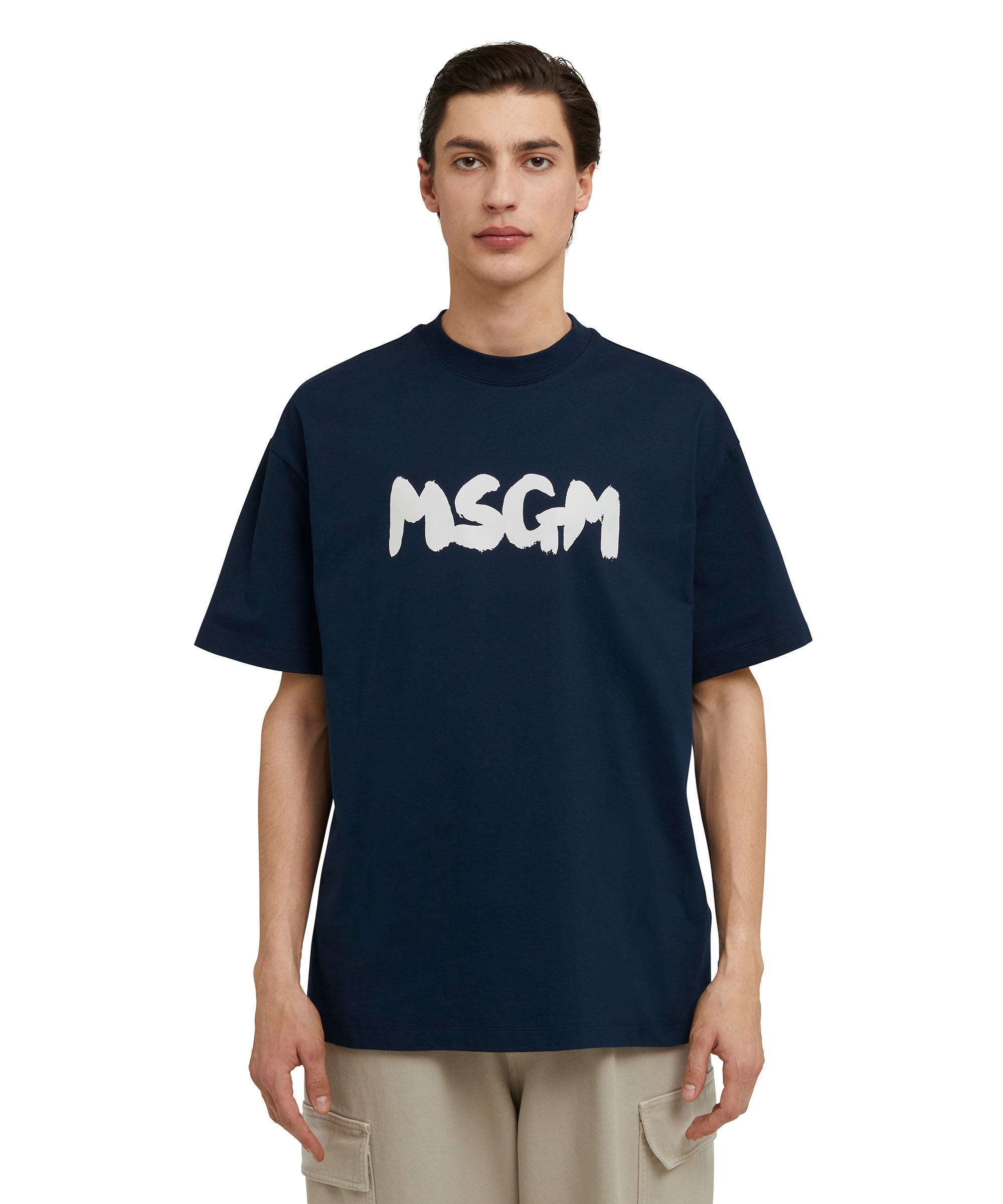 Cotton crewneck t-shirt with new MSGM brushstroke logo - 1