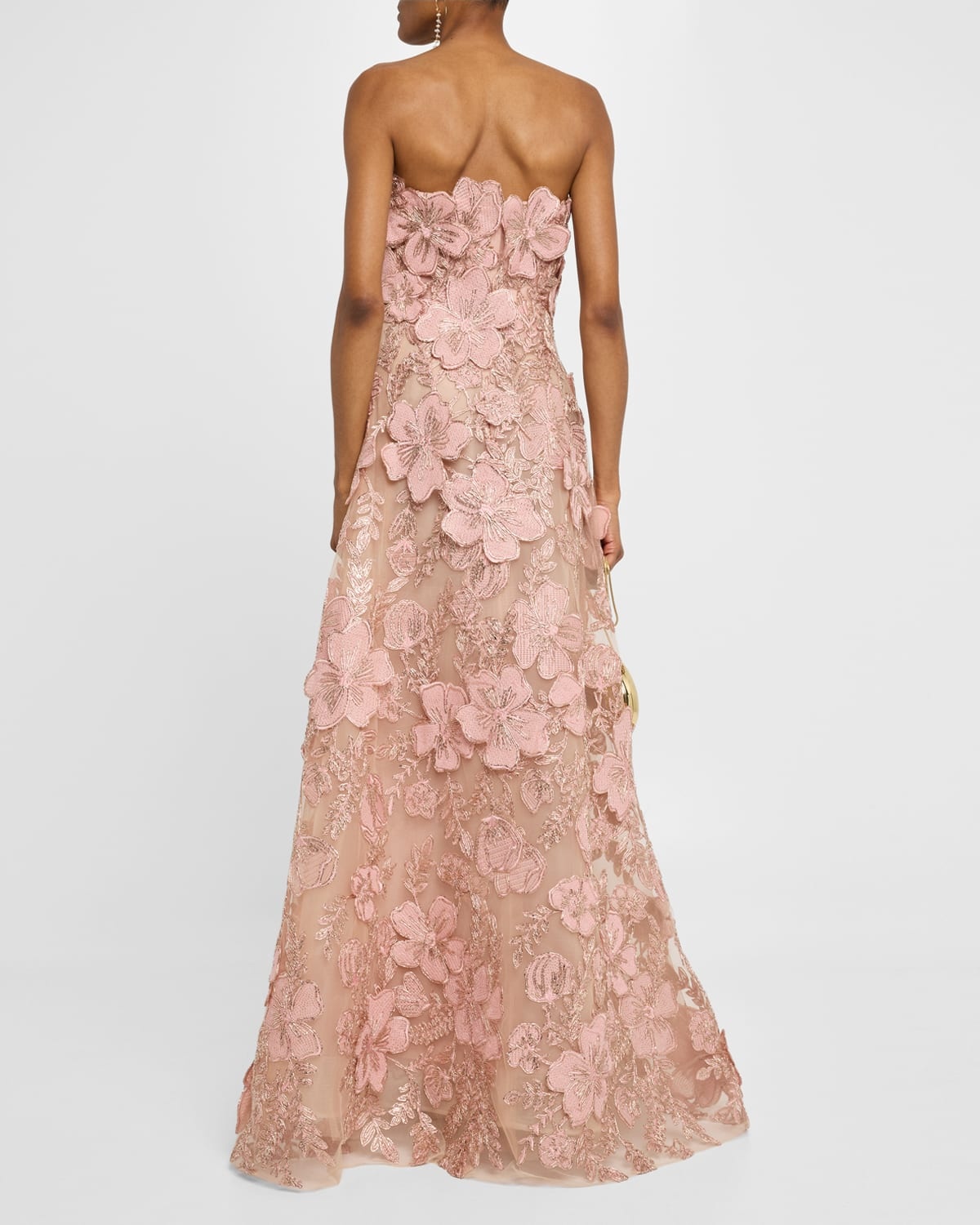 Strapless Metallic Floral Embroidered Tulle A-Line Gown - 3