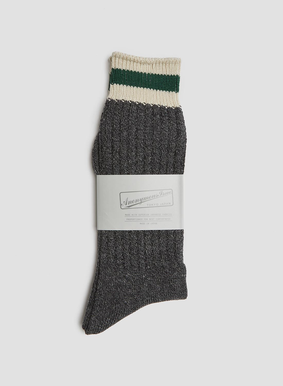 Anonymous Ism Tuck Cuff Stripes Crew Sock in Charcoal - 1