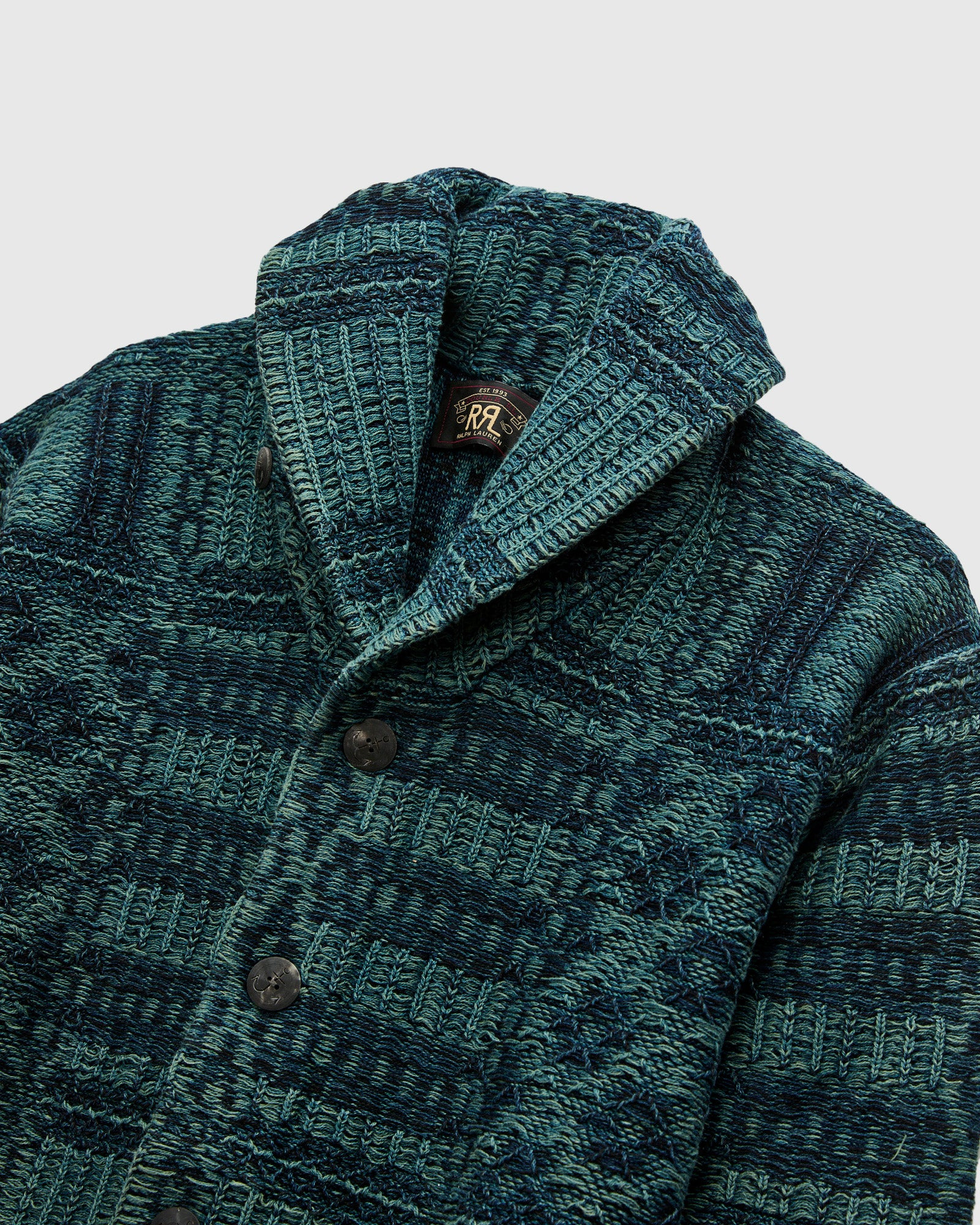 Jacquard-Knit Shawl Collar Cardigan in Indigo - 3