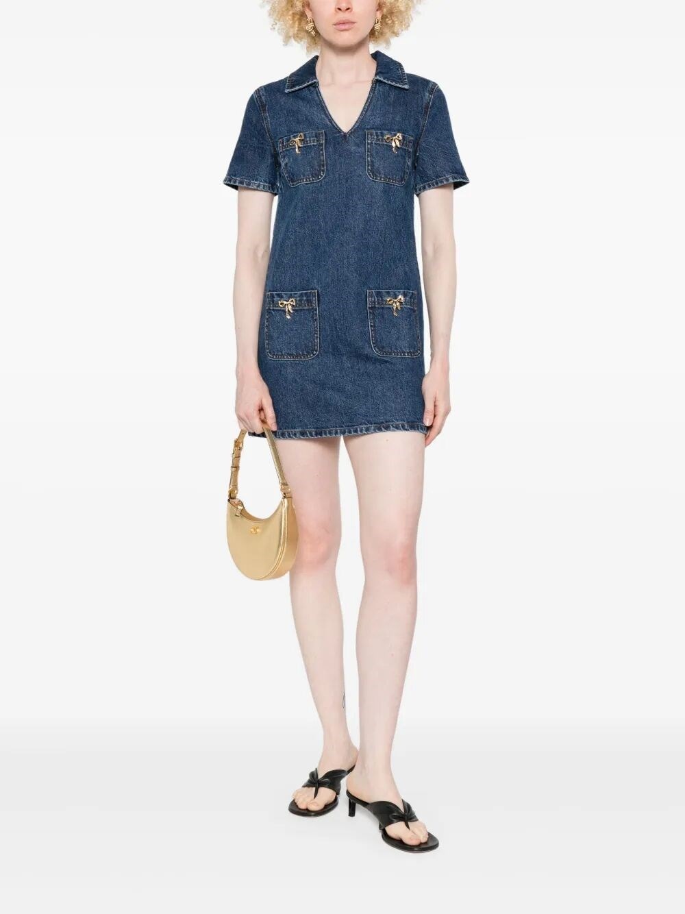 Denim Crystal Bow Mini Dress - 2