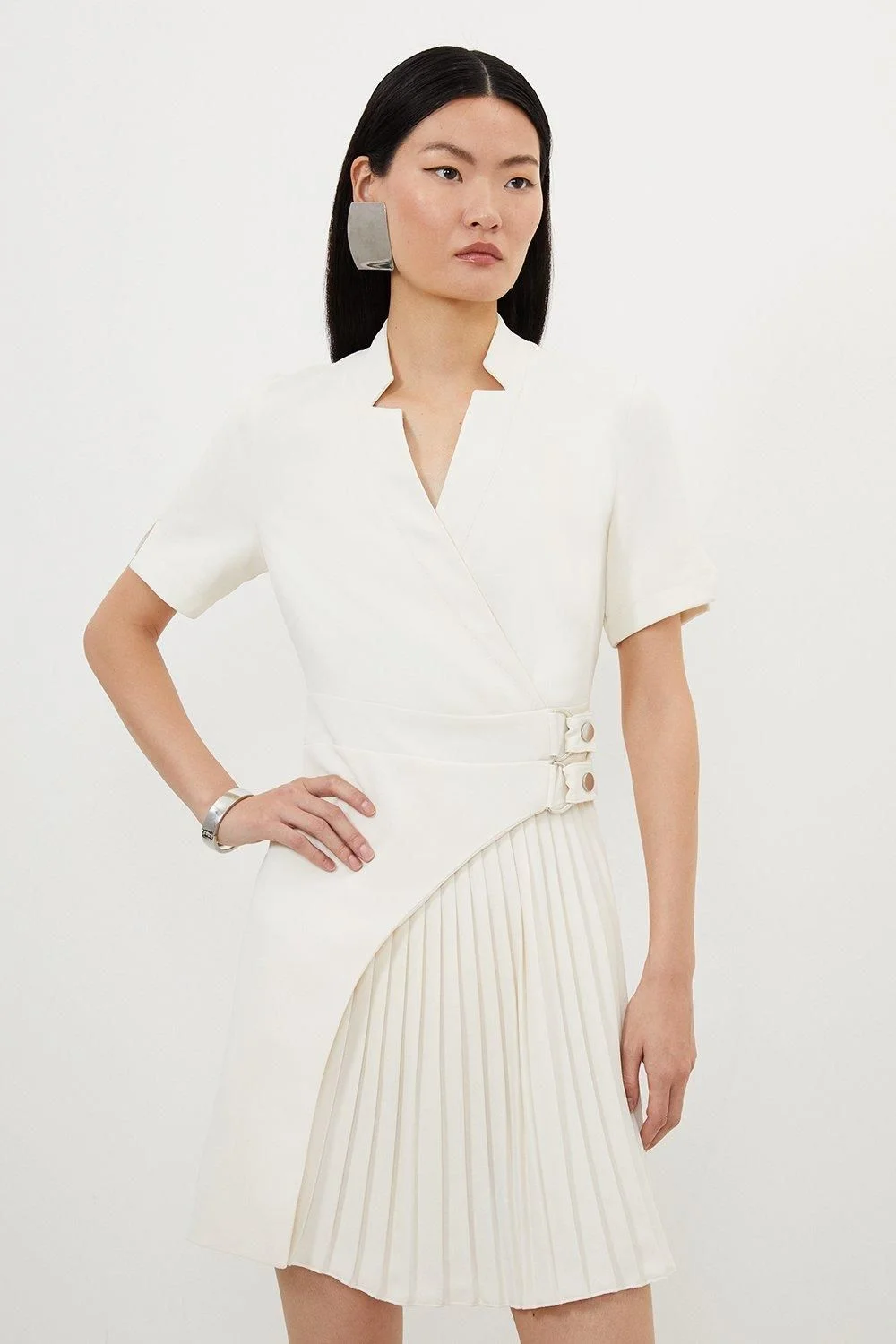 Tailored Military Pleat Notch Neck Wrap Mini Dress - 1