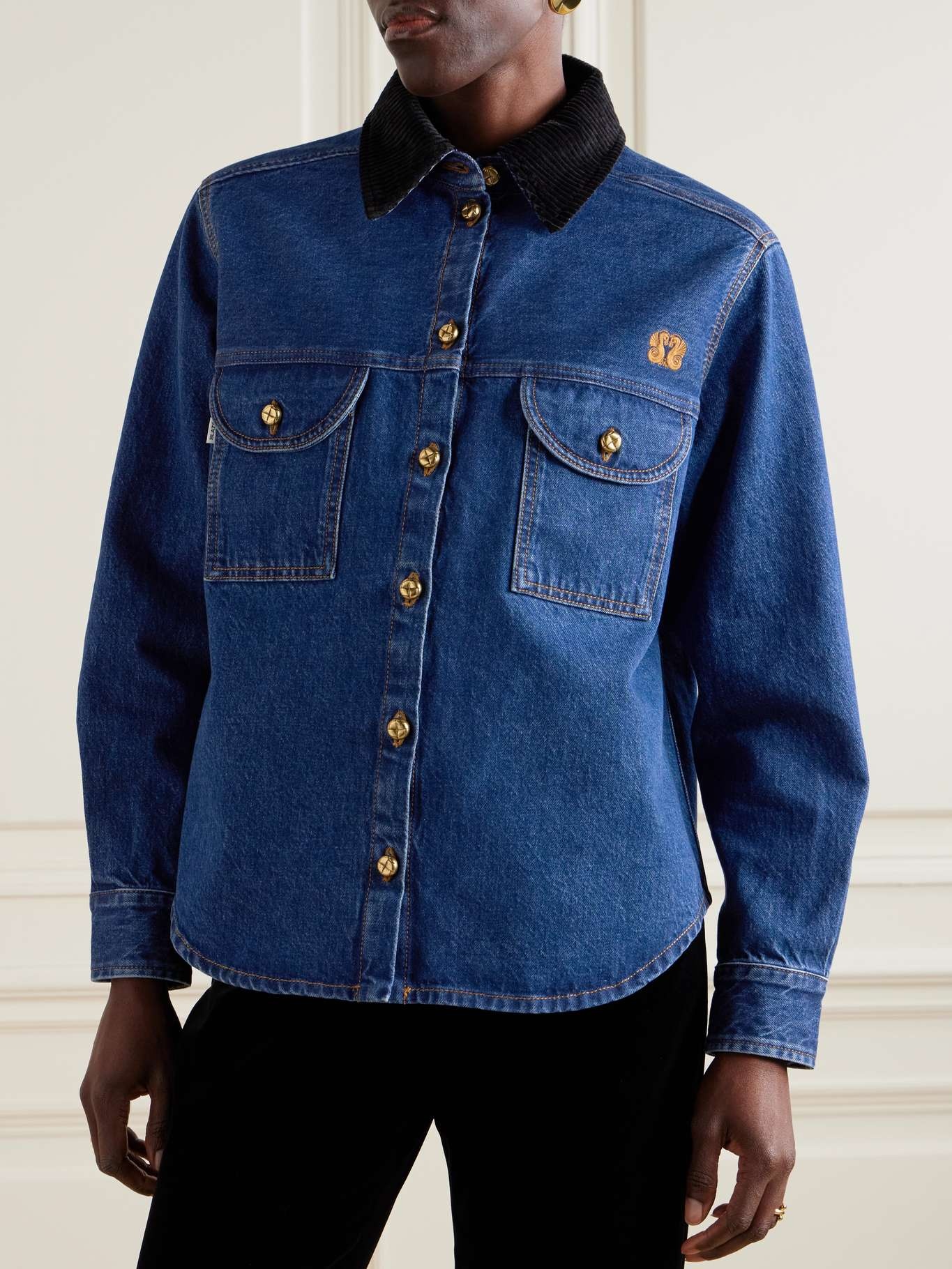 Nariida Senner corduroy-trimmed embroidered denim shirt Mid denim - 3