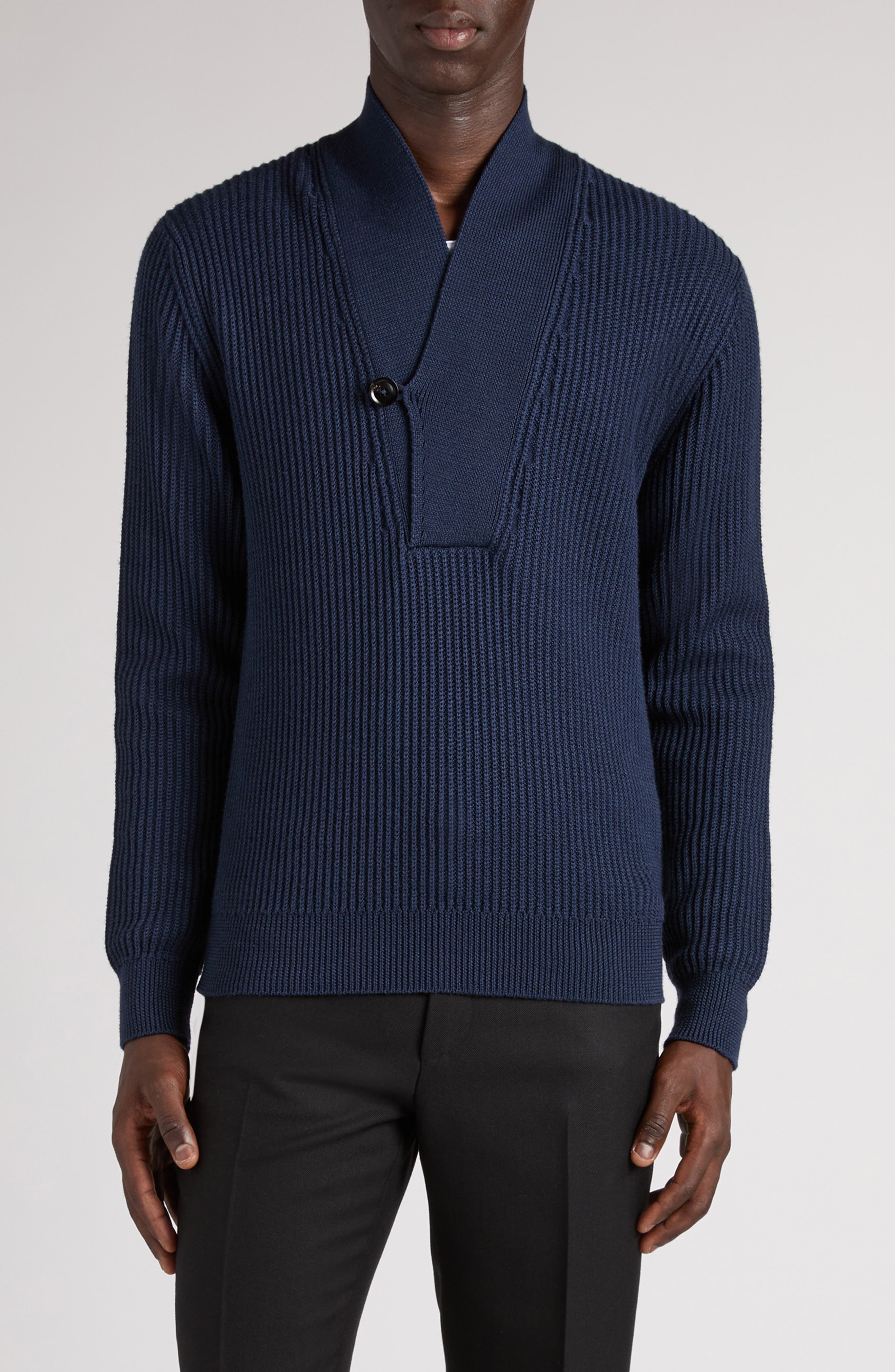 TOM FORD Shawl Collar Merino Wool & Silk Sweater in Hb806 Space Blue at Nordstrom - 1