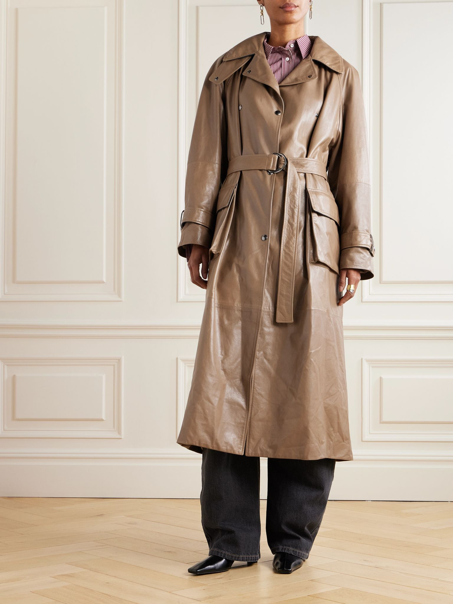 Bead-embellished belted double-breasted leather trench coat Brown - 3