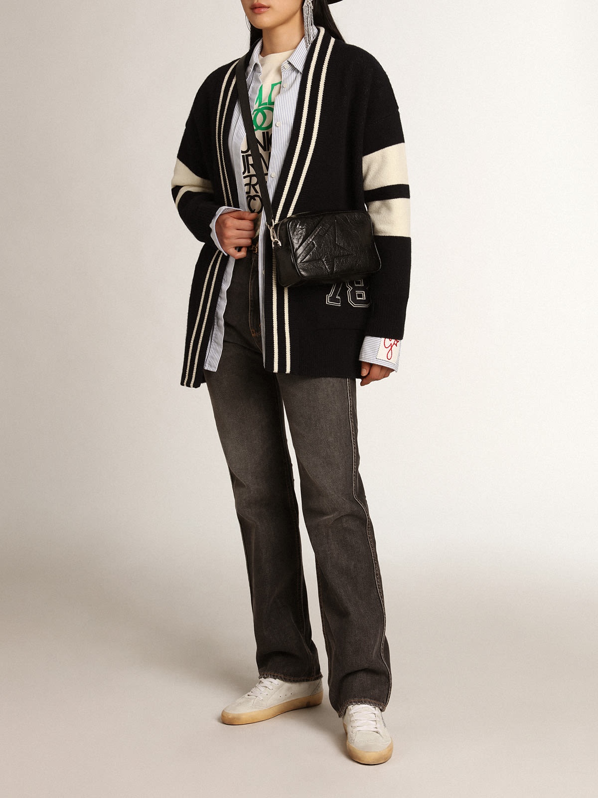 Women's blue cardigan with belt at the waist and lettering on the back - 4