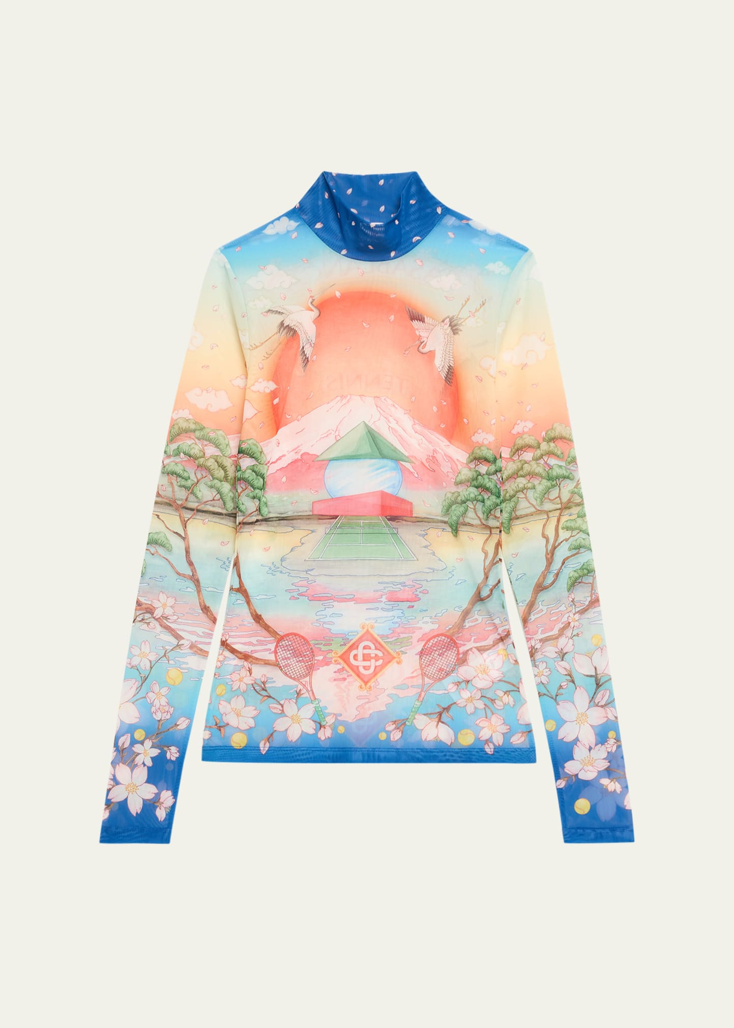 Mock-Neck Printed Mesh Long-Sleeve Top - 1