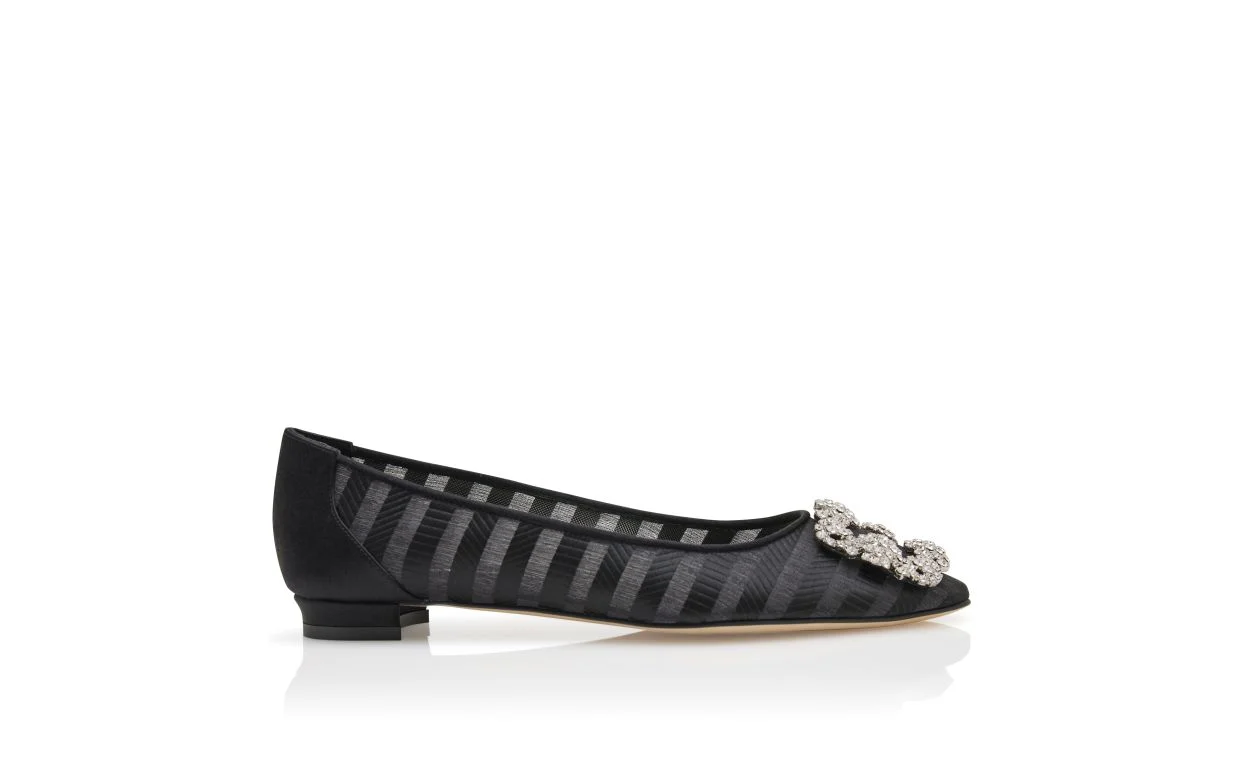 Black Organza Jewel Buckle Flat Pumps - 1