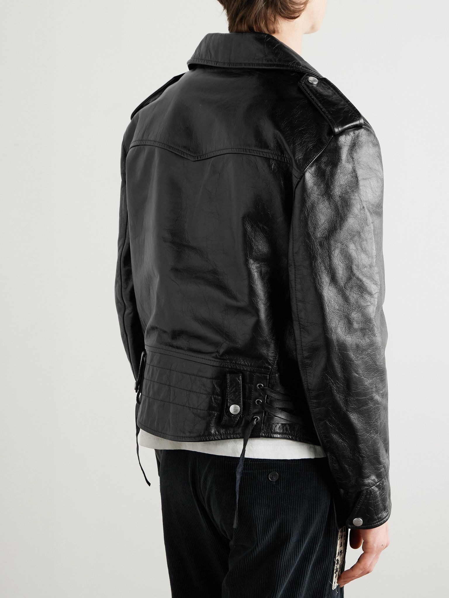 Distressed Leather Biker Jacket Black - 4