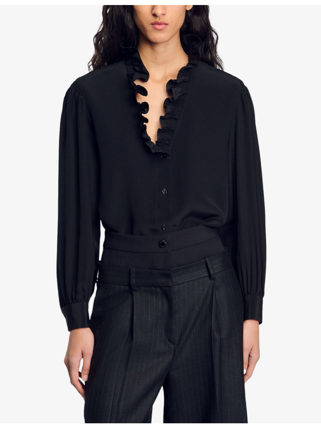 Ruffle-neck long-sleeve silk shirt - 3