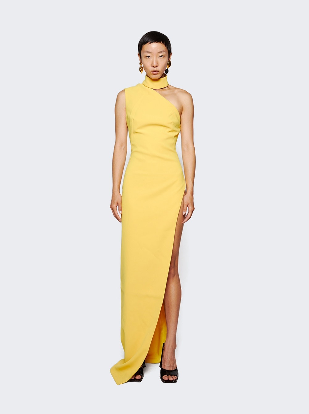 Asymmetrical High Neck Shoulder Dress Yellow - 2