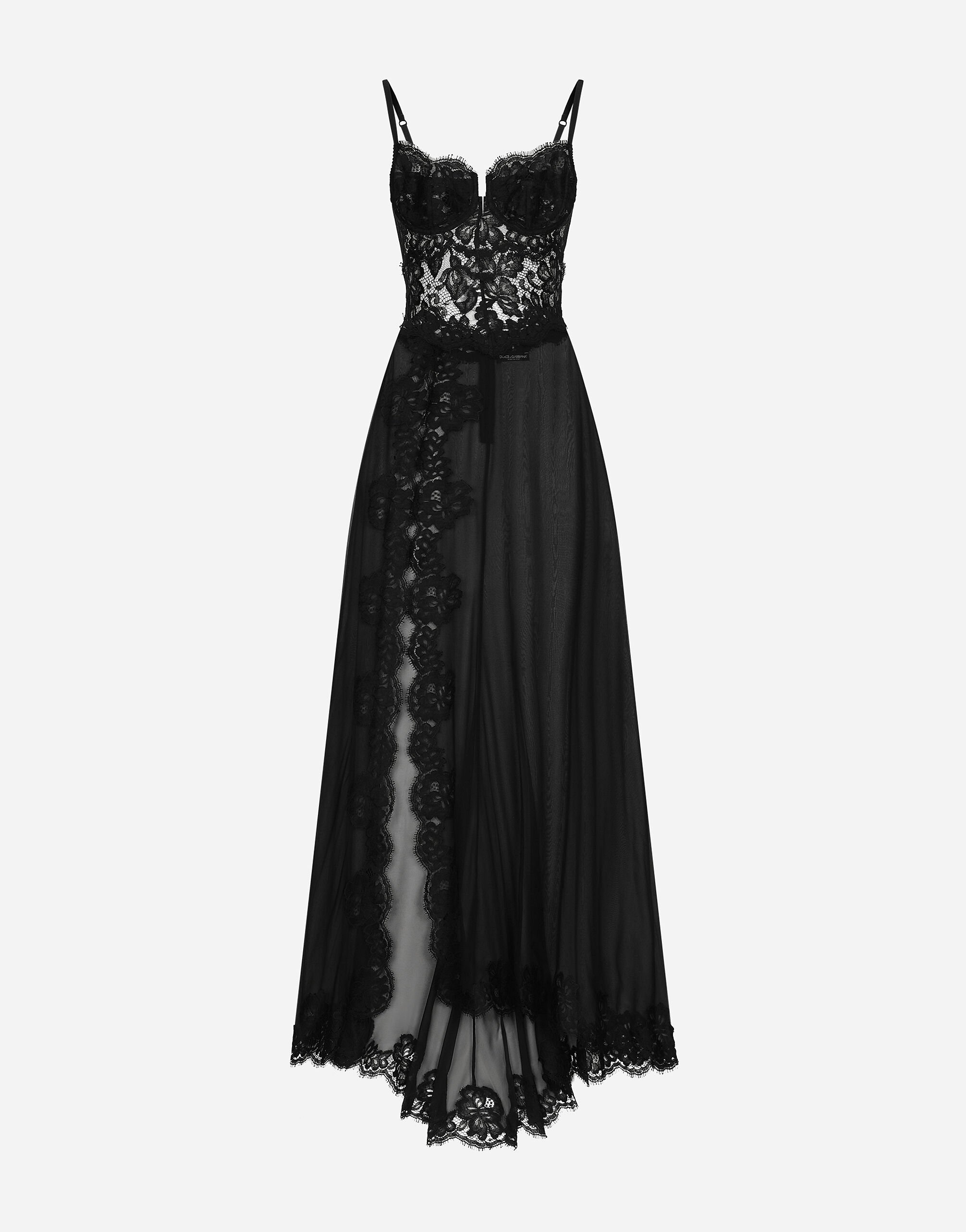 Long silk chiffon and Chantilly lace slip dress - 1