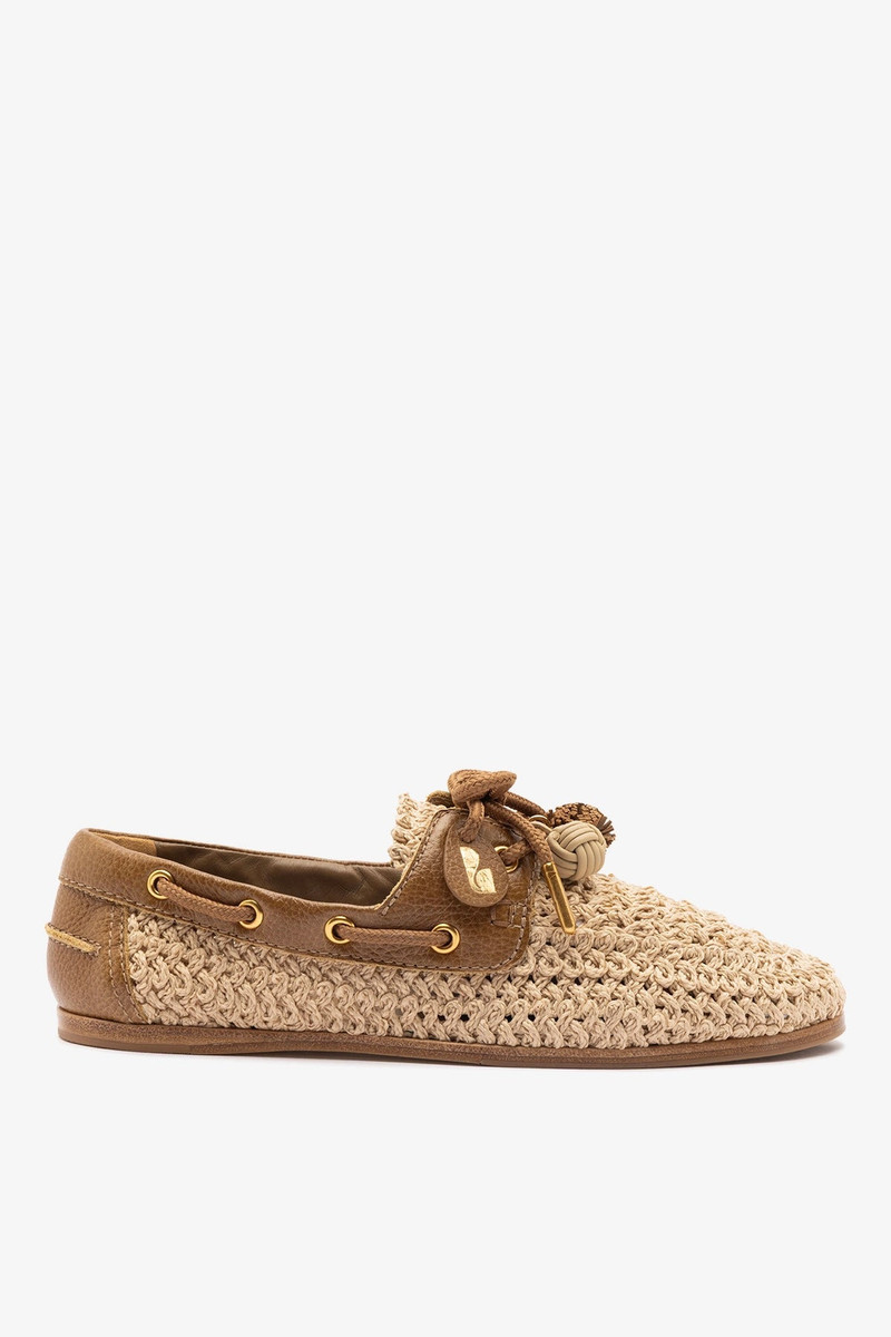 Cyprus Crochet Boat Shoe In Natural Crochet and Russet Leather 1