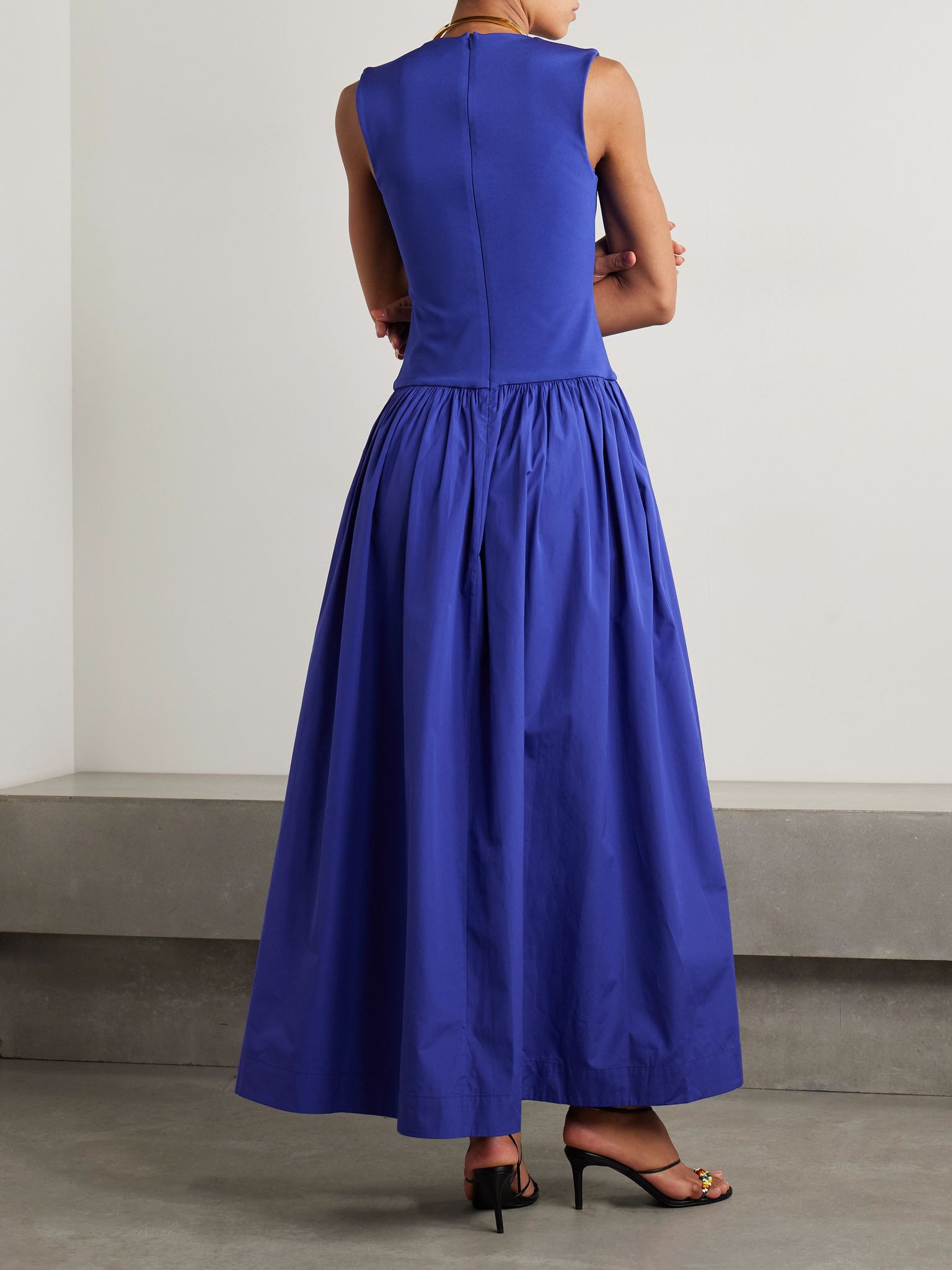 Stretch-knit and gathered organic cotton-poplin maxi dress Cobalt blue - 3