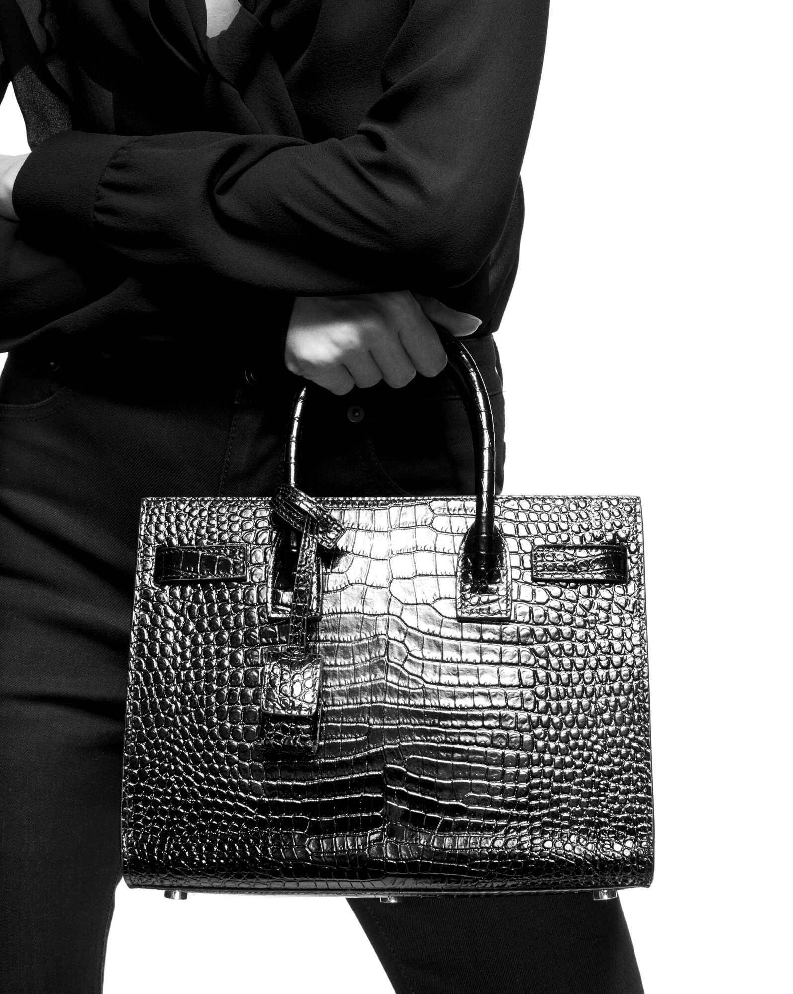 classic sac de jour baby in crocodile-embossed shiny leather - 2