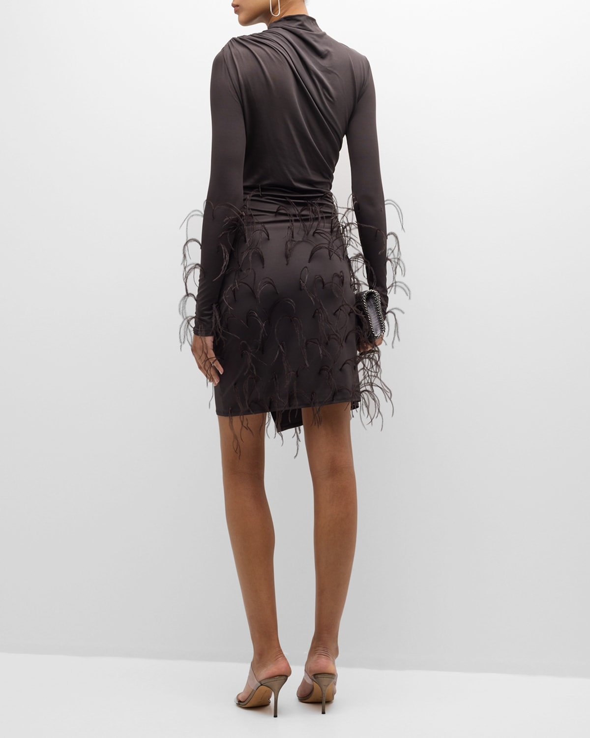Feather-Trim Long-Sleeve Draped Jersey Mini Dress - 4