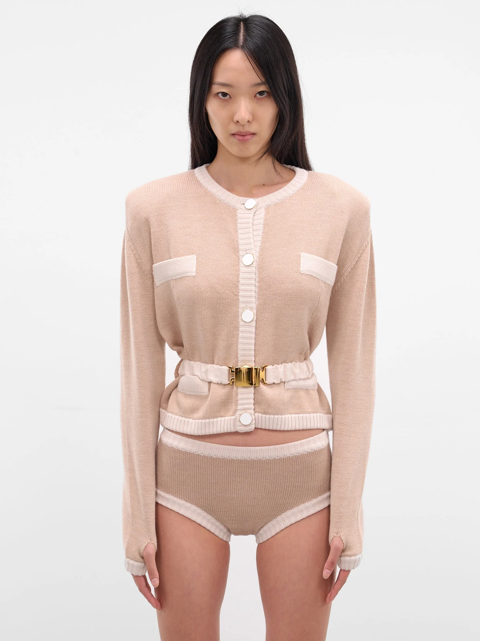 Beige Bi-Color Wool Cardigan Blazer - 1