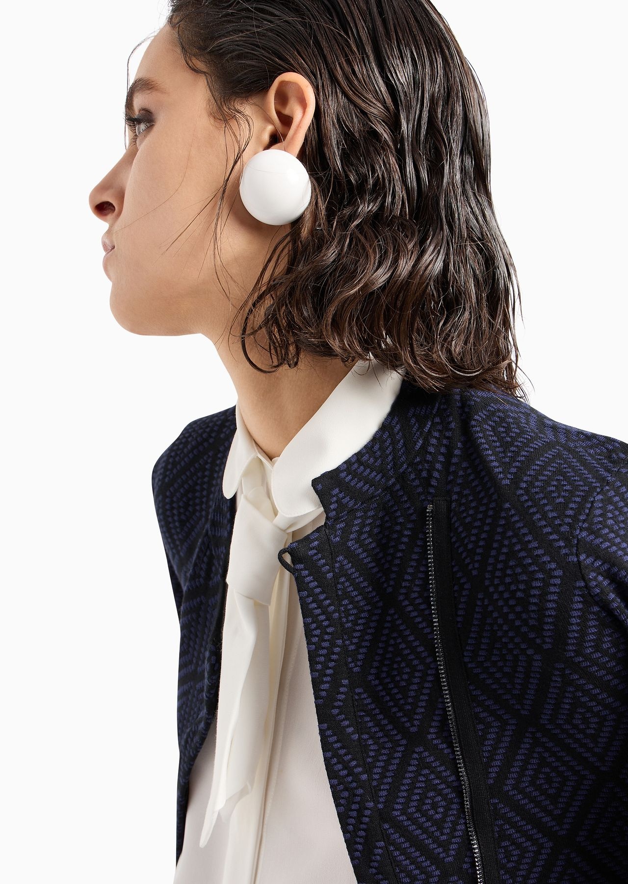 Stretch knit jacket with diagonal zip and jacquard diamond motif - 5