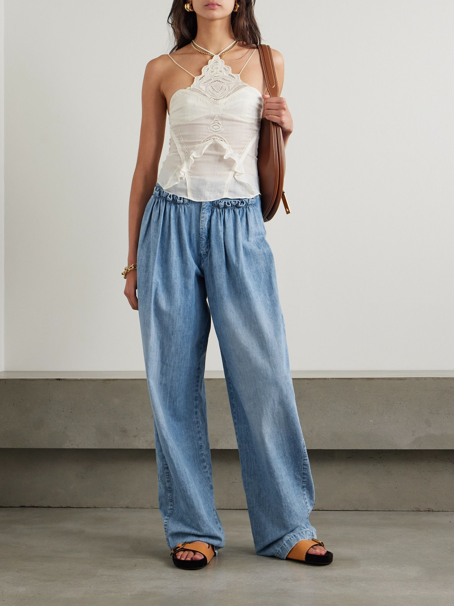Inaya ruffled cotton-chambray barrel-leg pants Light blue - 2