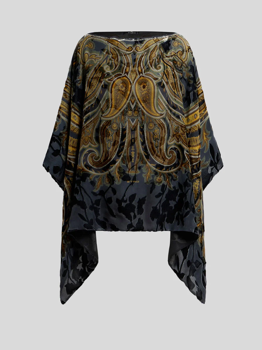 BURNOUT VELVET PONCHO TOP WITH PLACED PAISLEY PRINT - 1