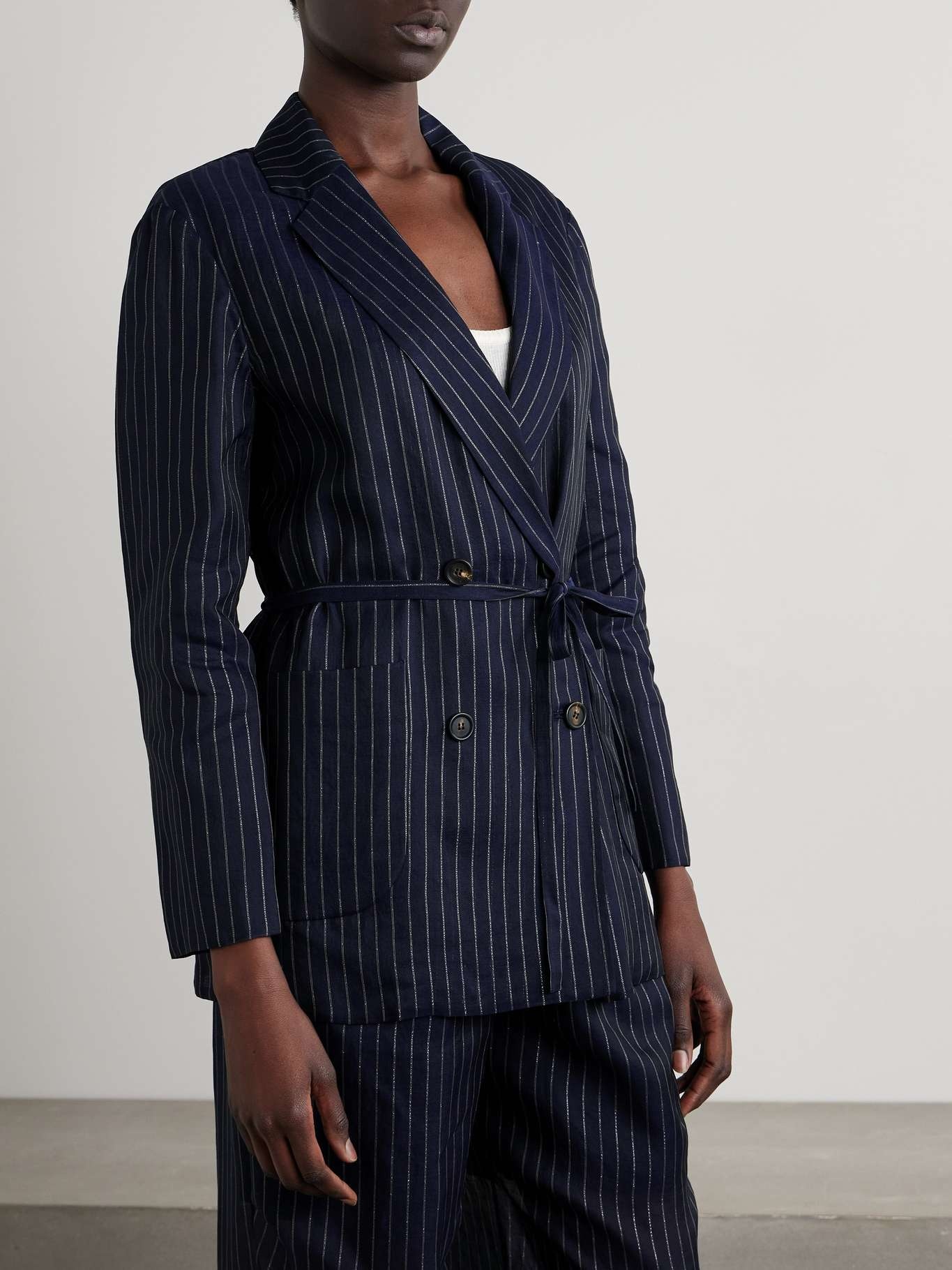 Double-breasted belted metallic pinstriped cotton-blend blazer - 3
