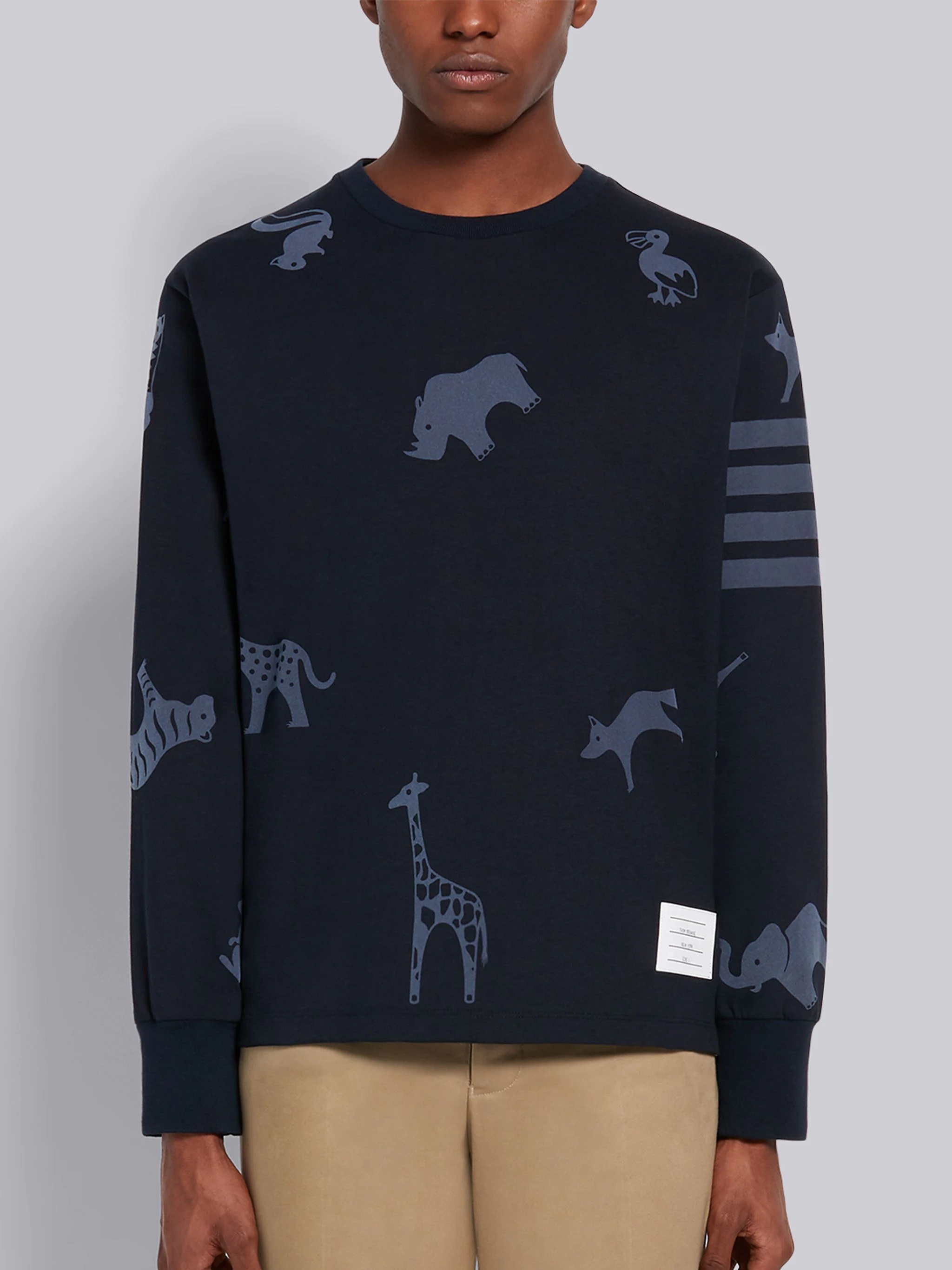 Navy Cotton Jersey Tonal Multi-Animal Icon 4-Bar Long Sleeve Tee - 1