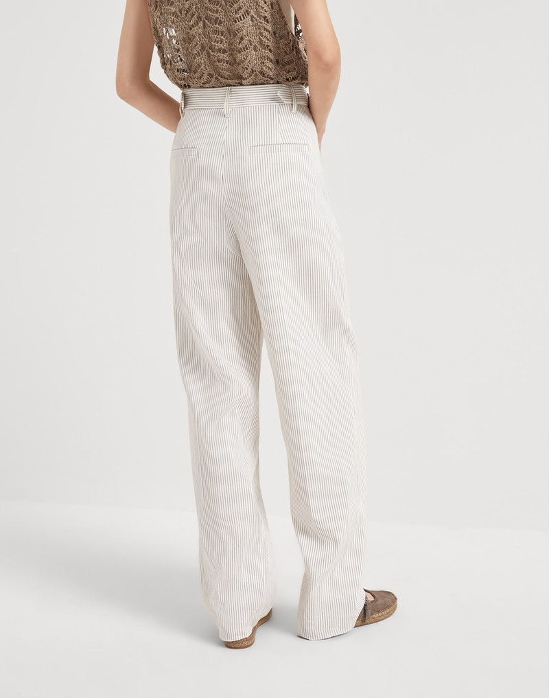 Brunello Cucinelli Comfort linen and cotton chalk stripe twill sartorial relaxed trousers outlook