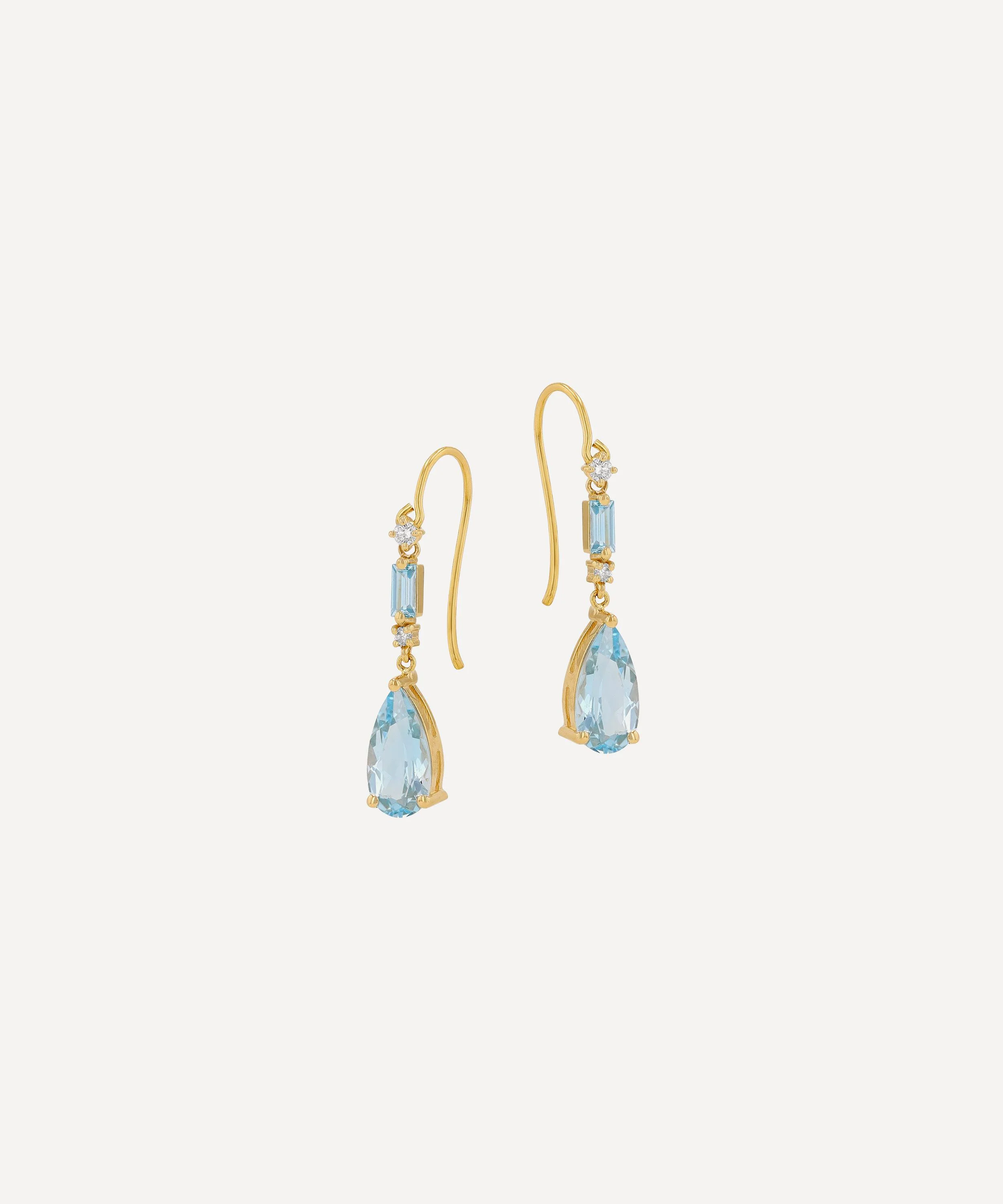 14ct Gold Pear Blue Topaz Dangle Drop Earrings - 1