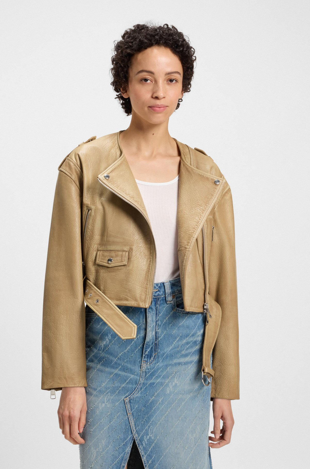 CROPPED BIKER JACKET IN GRAINED LEATHER - 2