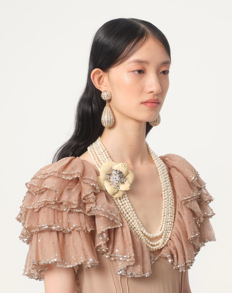 Valentino FLEUR LUMINEUSE NECKLACE IN METAL, ENAMEL, PEARLS AND FABRIC outlook