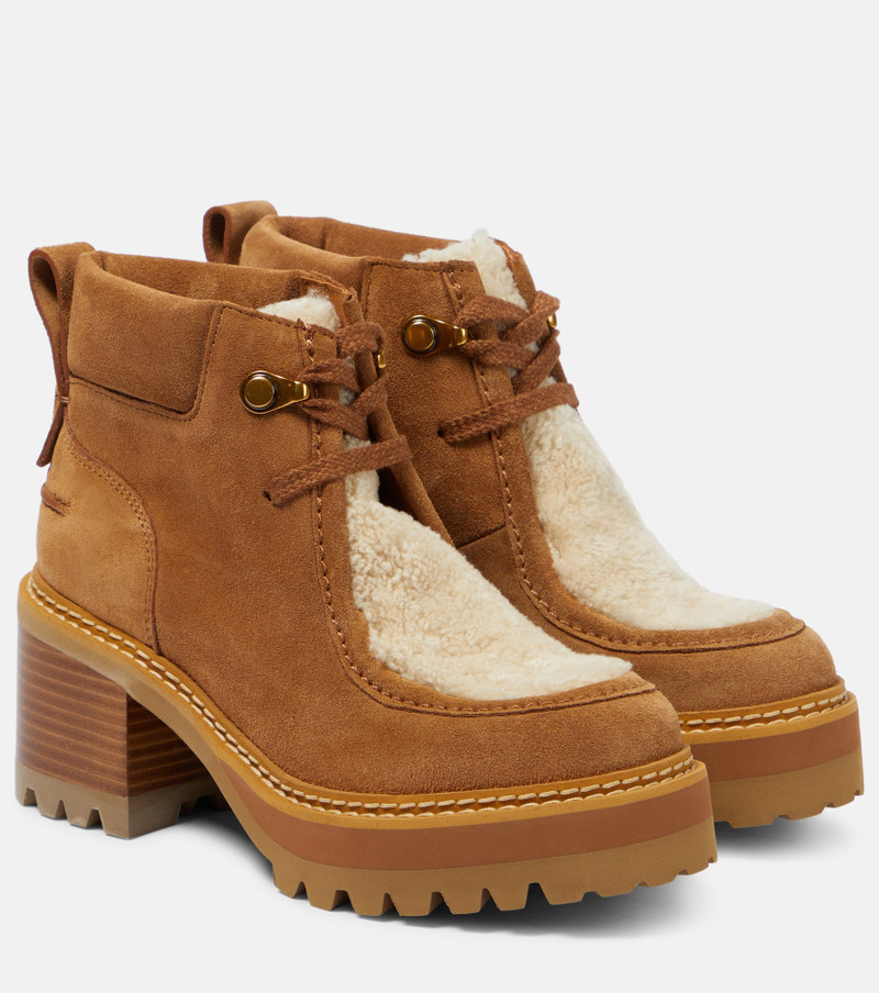 Shearling-trimmed suede ankle boots - 1