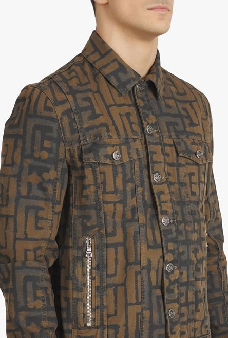 Black and taupe denim jacket with Balmain monogram - 8