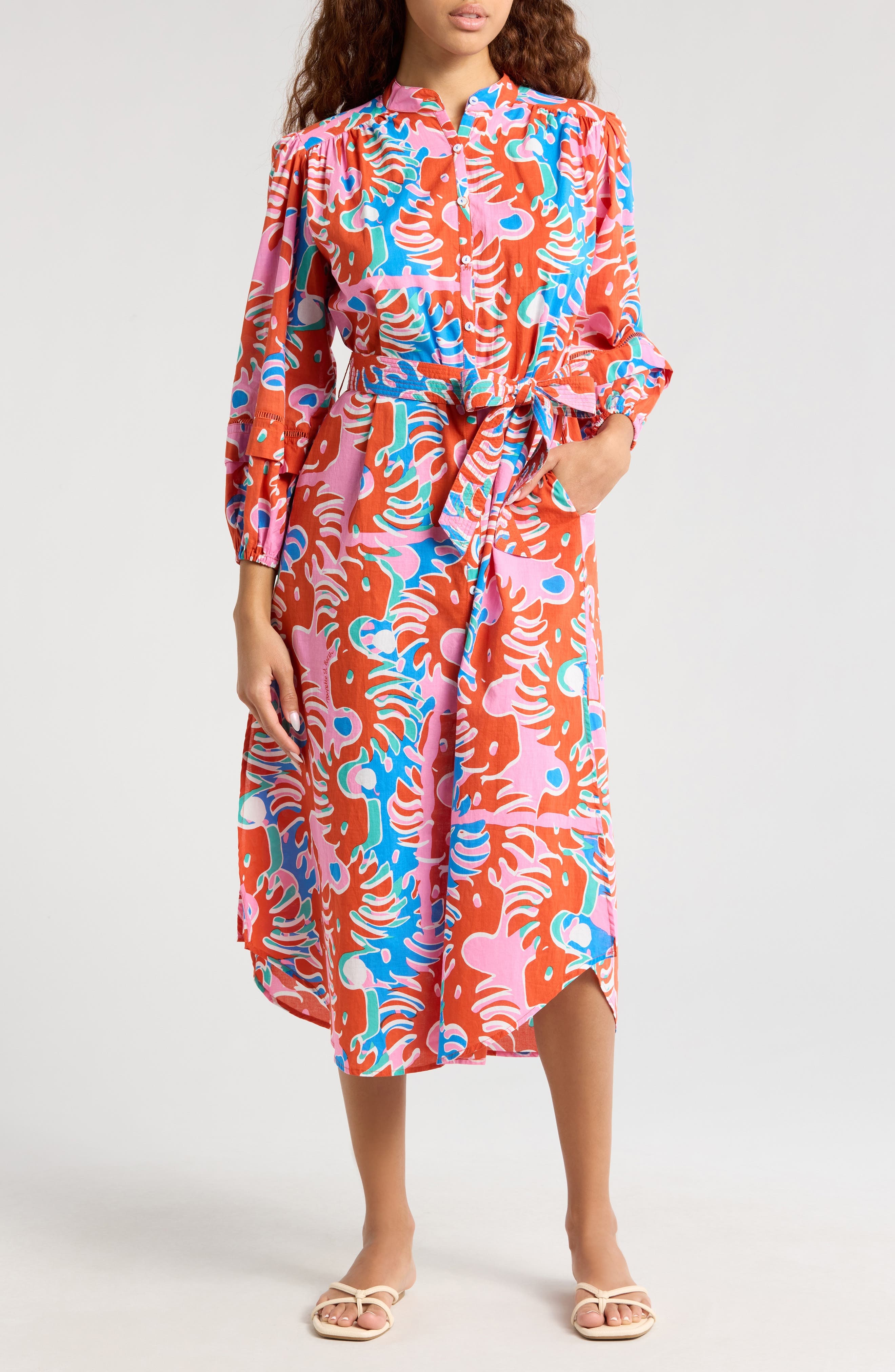 Poupette St Barth Cathy Abstract Print Cotton Cover-Up Shirtdress in Red Geo Afro at Nordstrom - 1