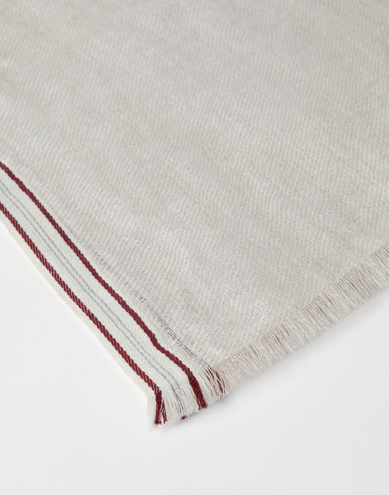 Brunello Cucinelli Linen, cashmere and silk denim-effect twill scarf with selvedge outlook