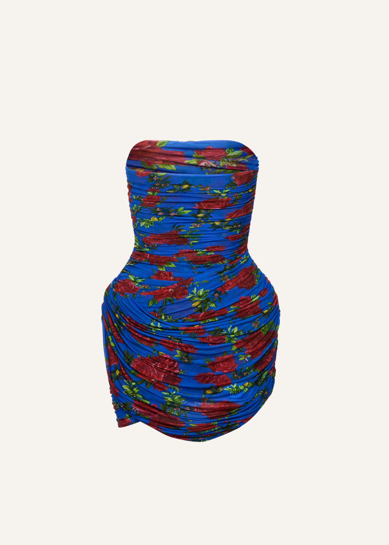 Strapless ruched floral mini dress in blue print 2