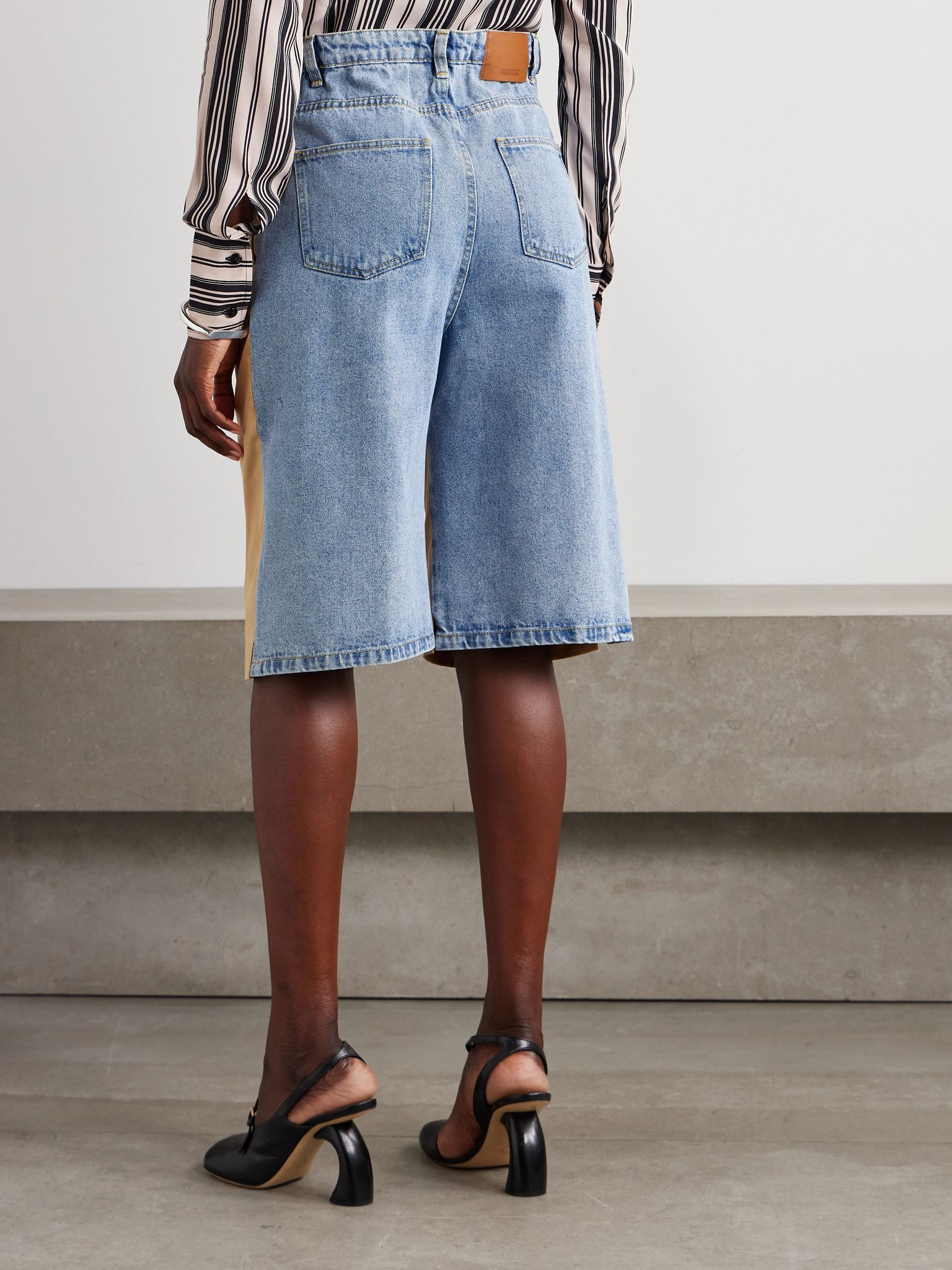 Denibermuda pleated cotton-gabardine and denim shorts Camel - 4