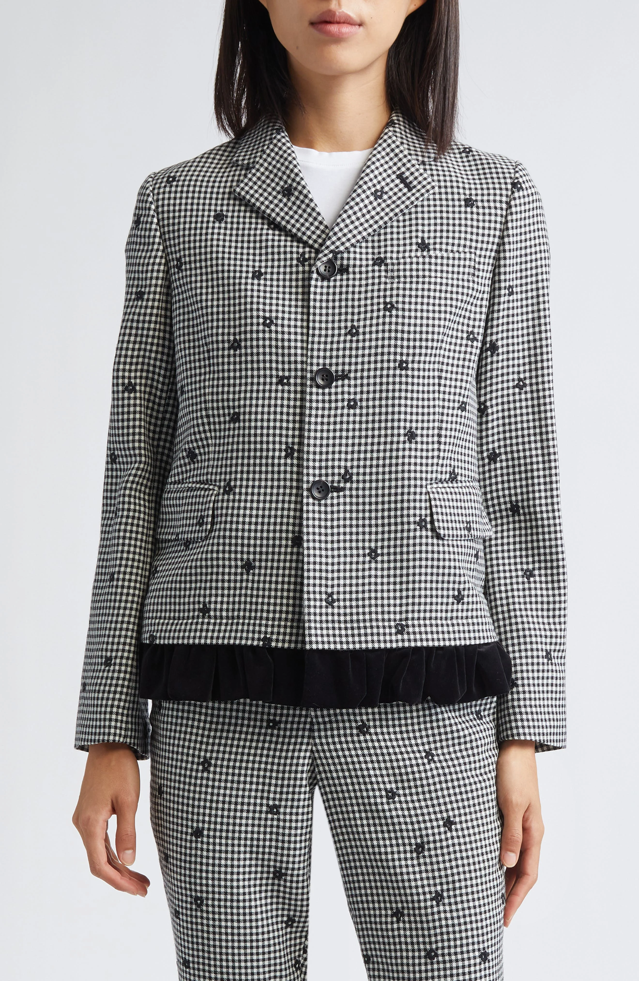 Comme des Garçons Girl Floral Embroidered Gingham Tropical Weight Wool Blend Blazer with Velvet Ruff - 1