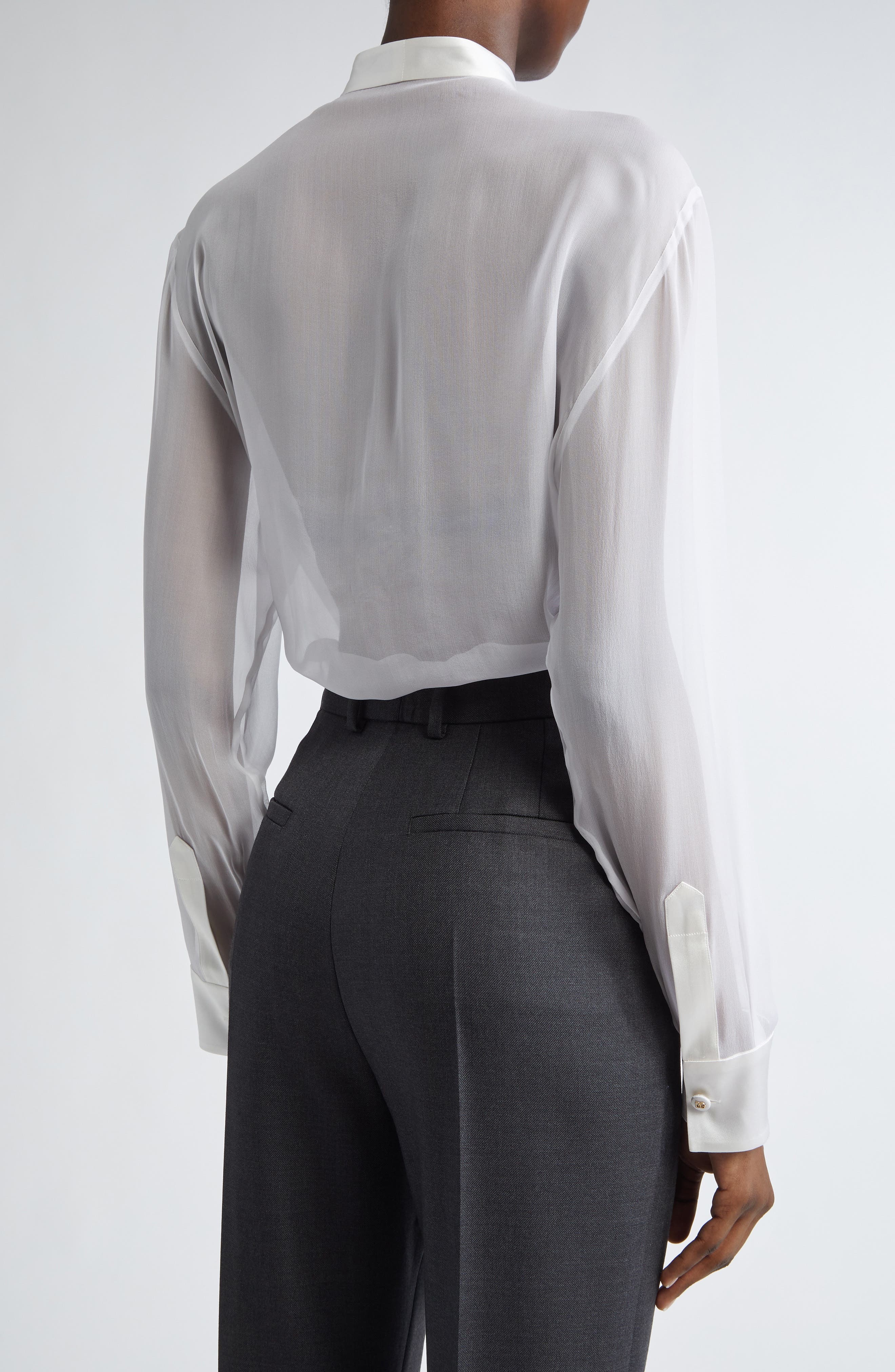 Dolce&Gabbana Sheer Silk Chiffon Tie Neck Shirt in W0800 Bianco Ottico at Nordstrom - 3