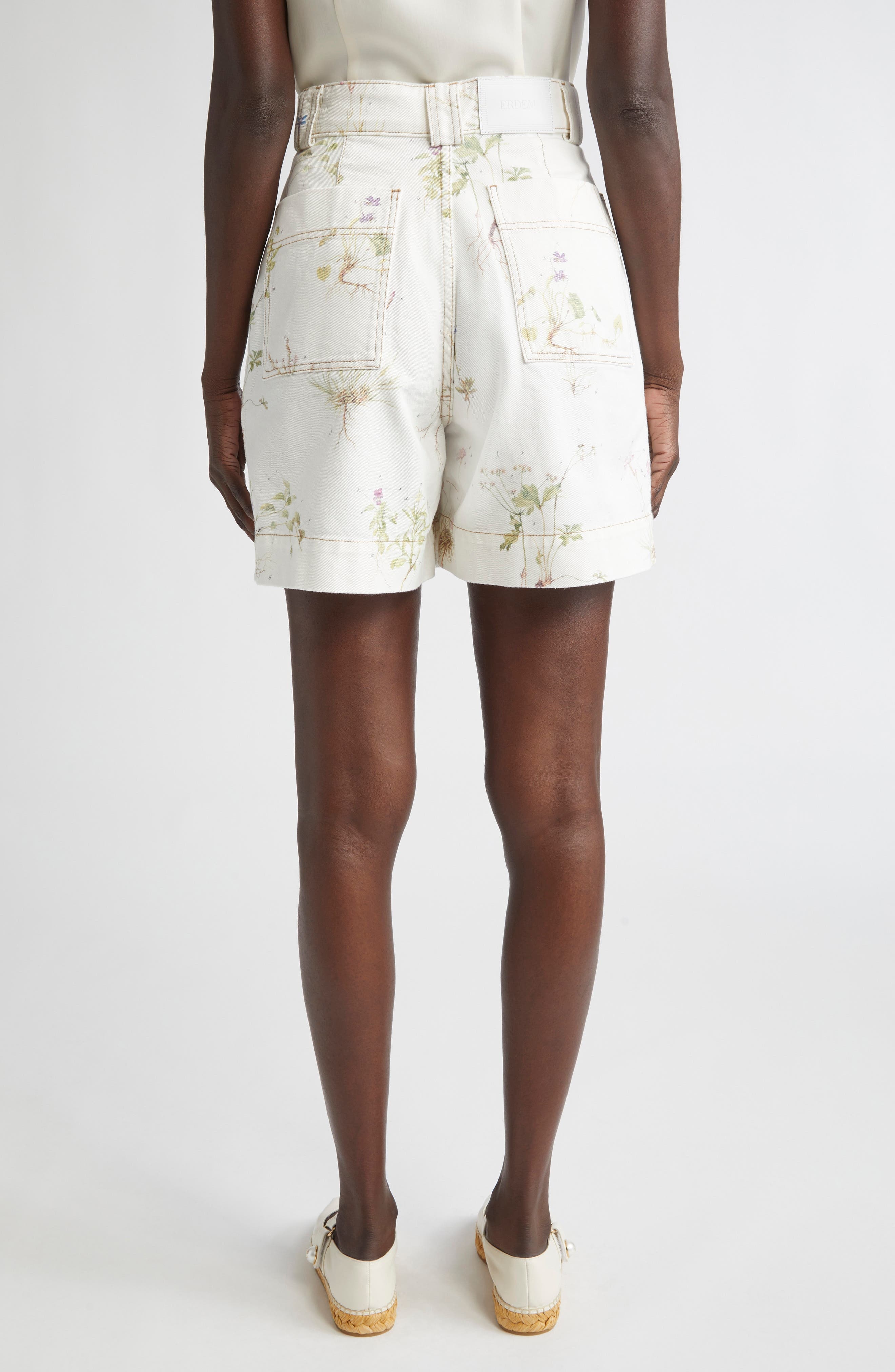 Erdem Botanical Print Pleated High Waist Denim Shorts in Small Botanical Garden White at Nordstrom - 2