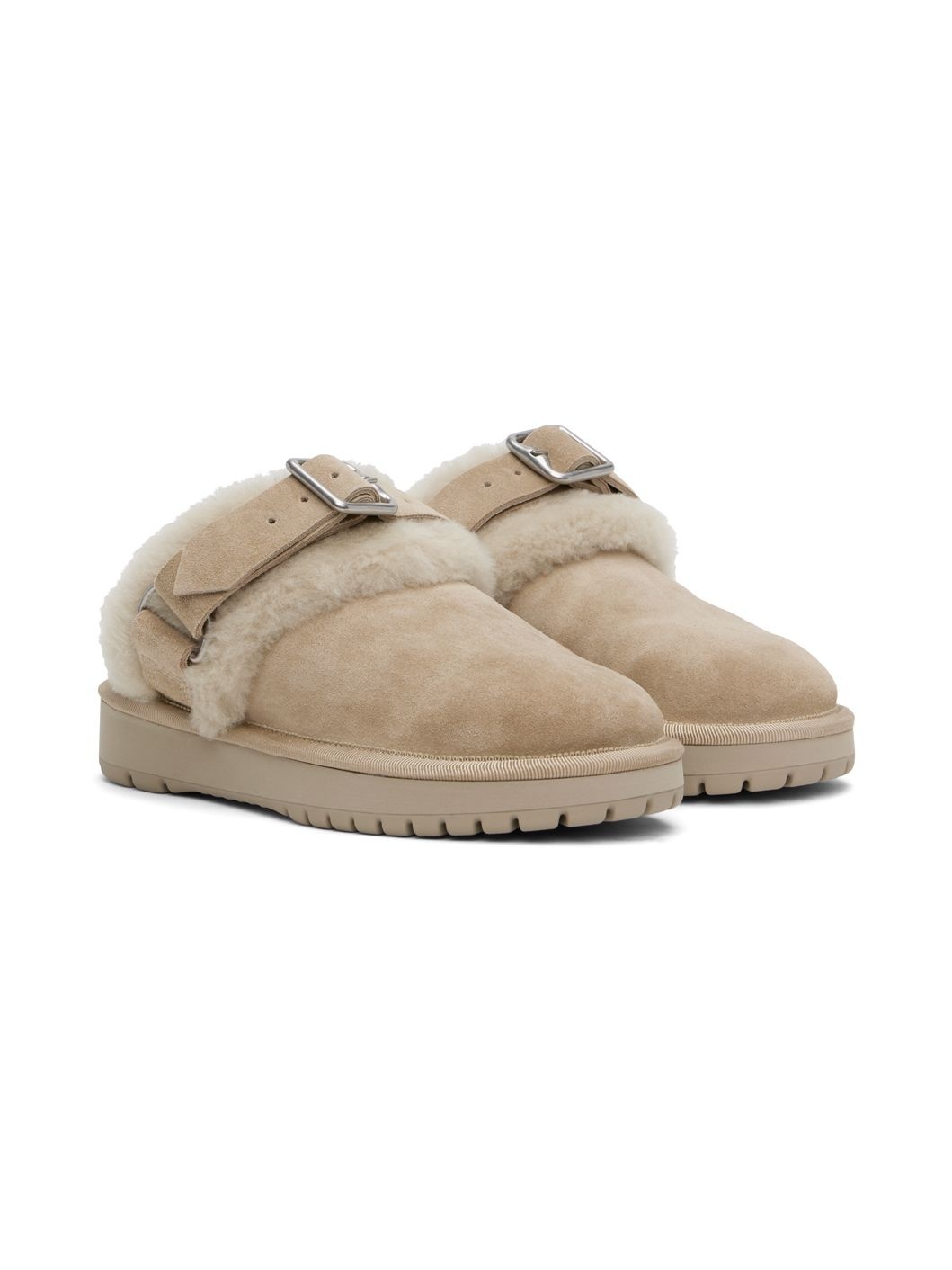 Beige Suede & Shearling Chubby Slippers - 4