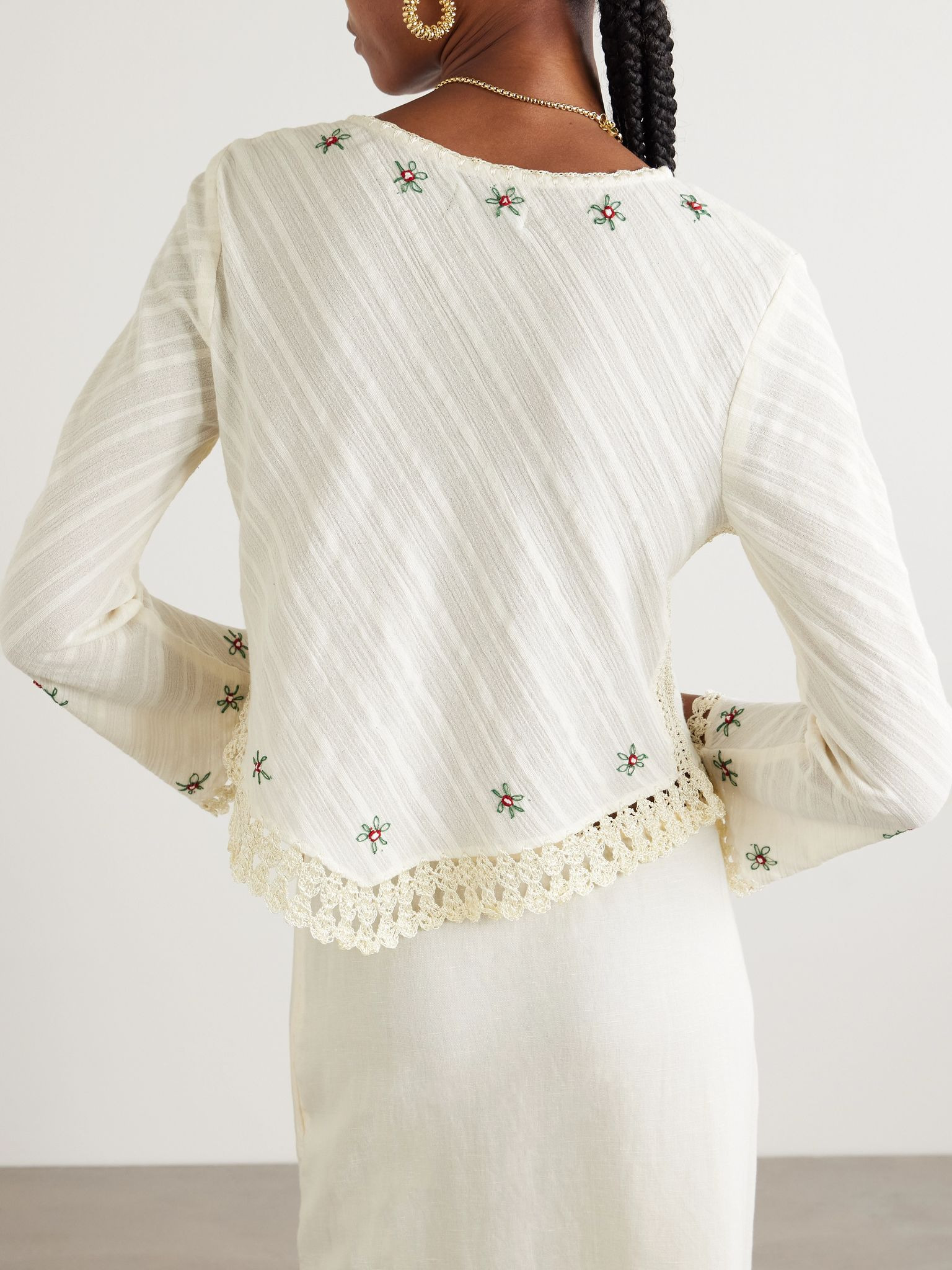 Annalisa crochet-trimmed embroidered cotton-seersucker top Cream - 3